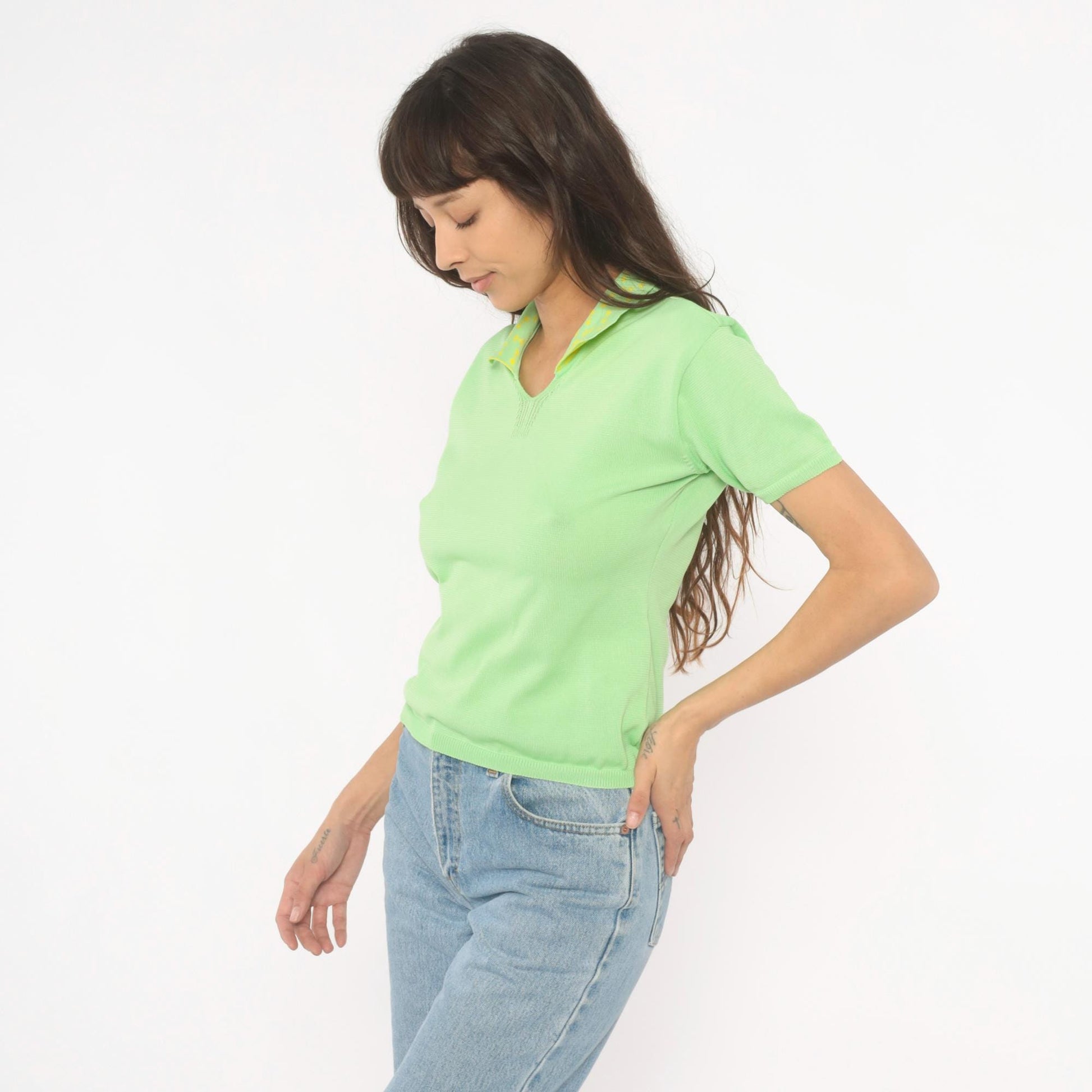 90s Lime Green Polo Knit Yellow Patterned Collar Fitted Pullover Small