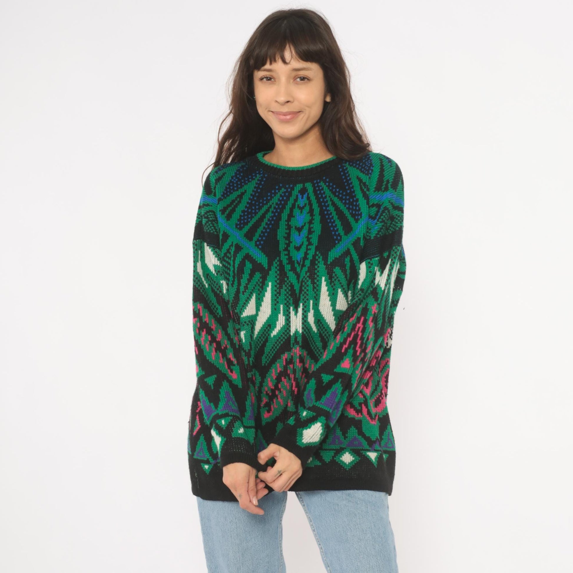 90s Venezia Geometric Jacquard Knit Sweater Green Pink Blue Crewneck XL
