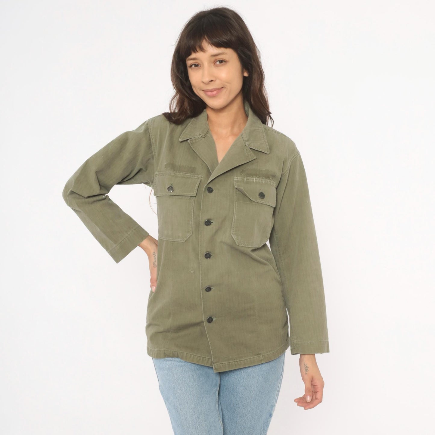 1940s HBT Military Field Jacket Olive Drab Cotton Army WWII Small
