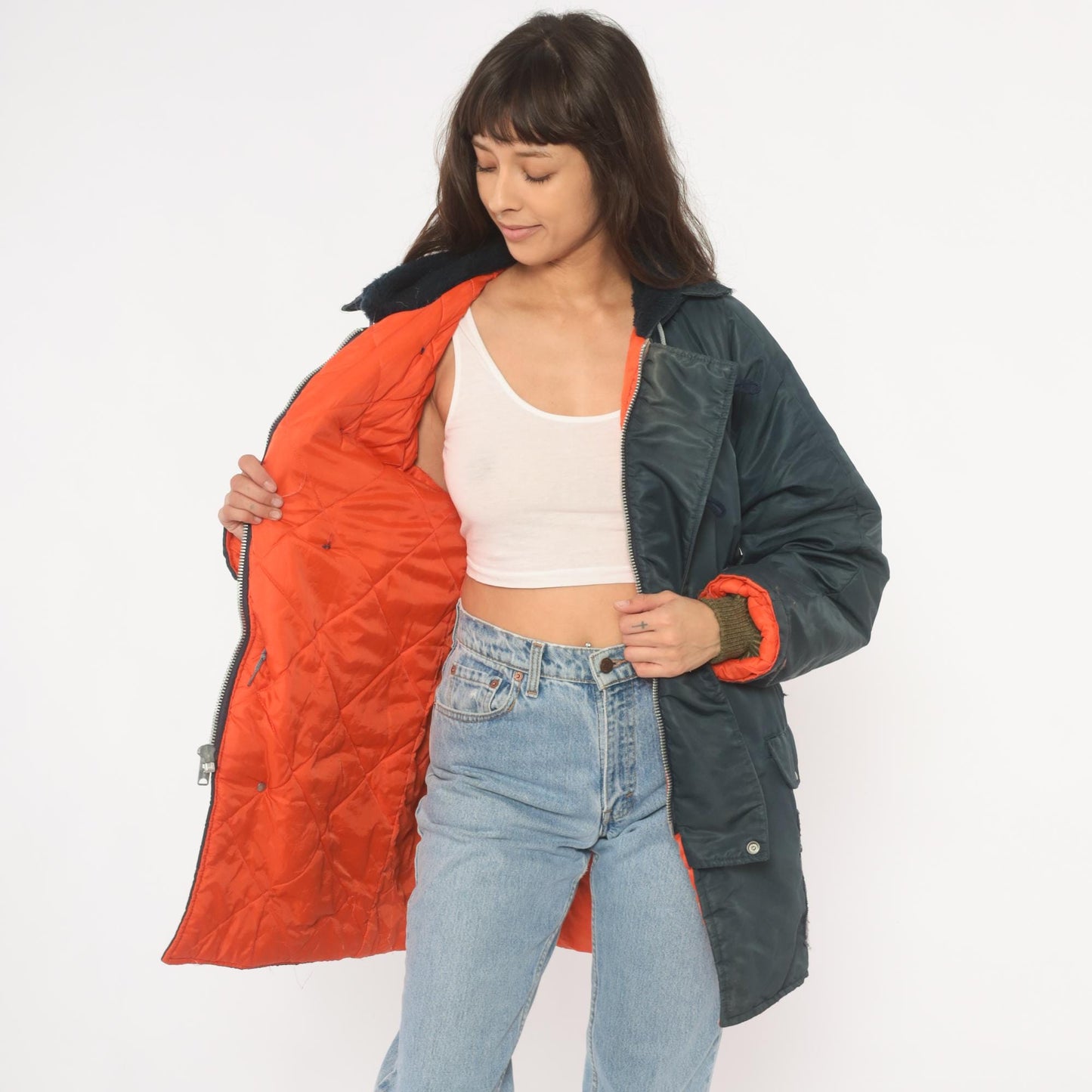 80s La Mart Navy Puffer Parka Sherpa Collar Hooded Winter Coat Large
