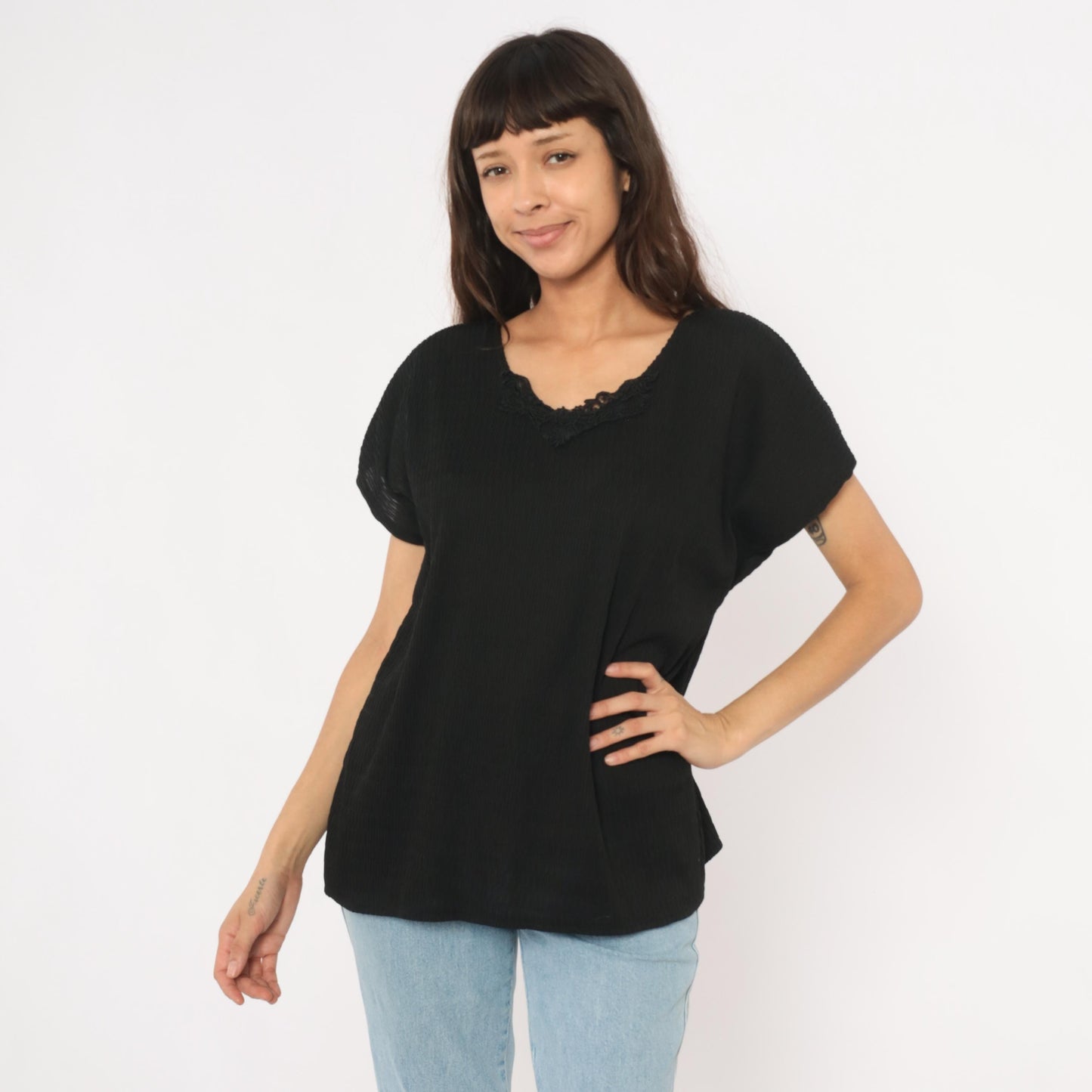 90s Copy Cats Black Lace Neckline Blouse Dolman Sleeve Tunic Extra Large XXL