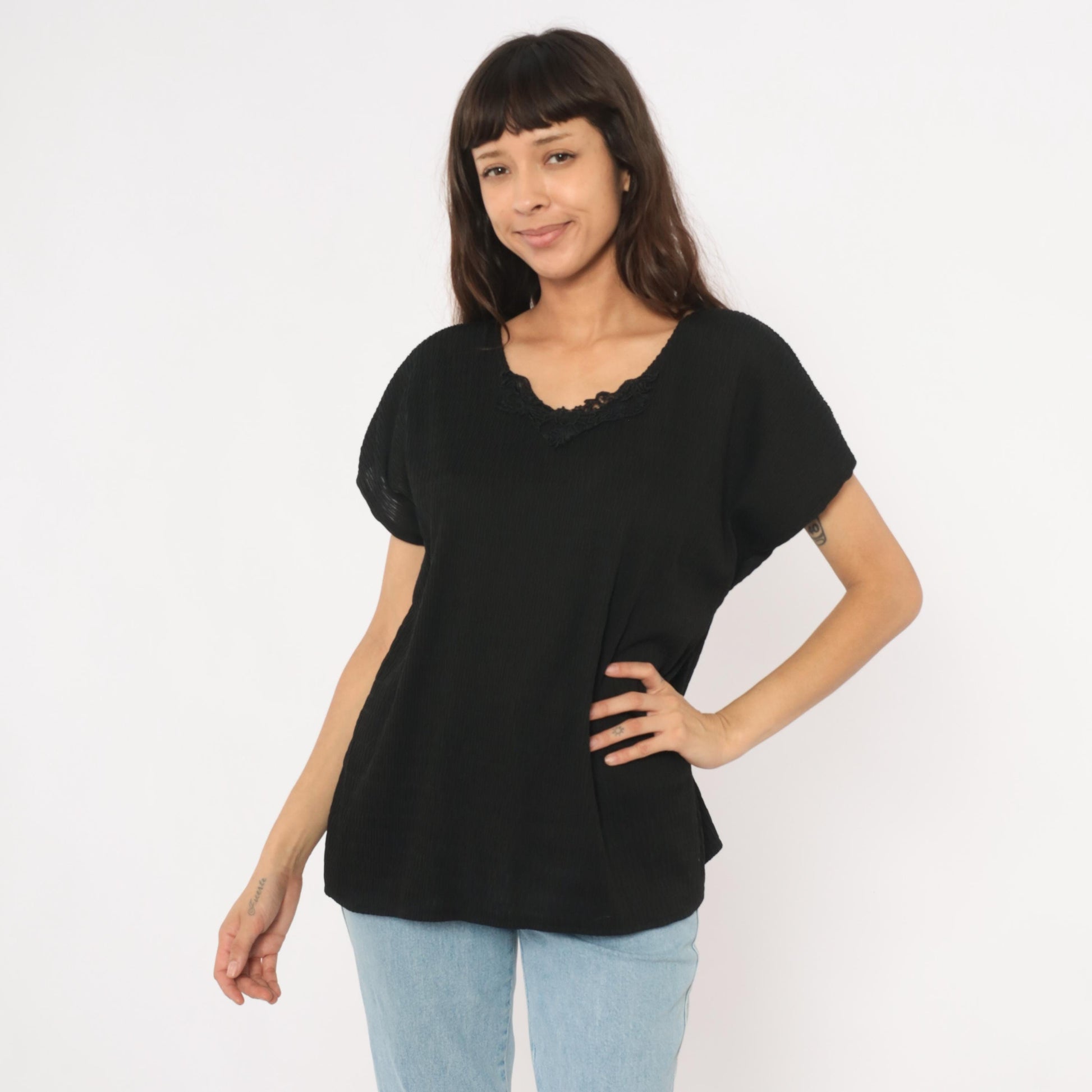 90s Copy Cats Black Lace Neckline Blouse Dolman Sleeve Tunic Extra Large XXL