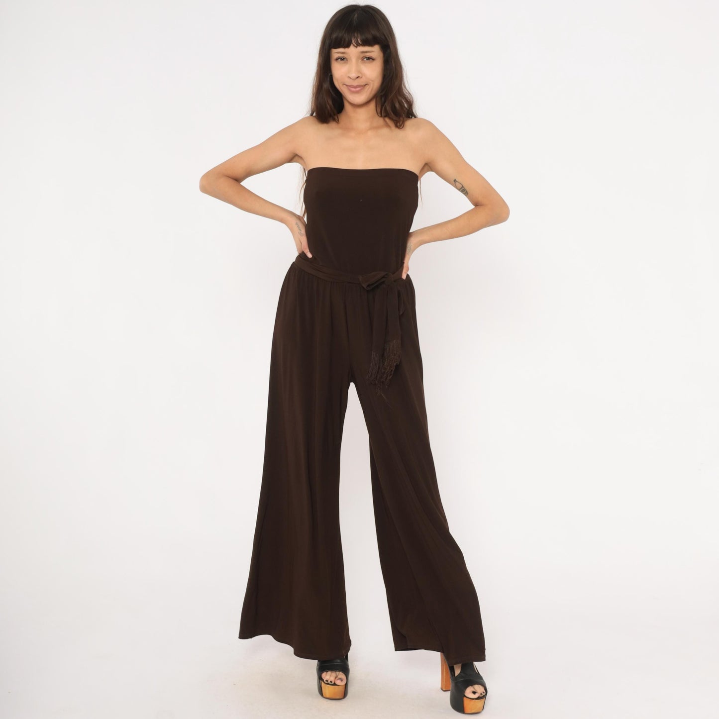 2000s MSK Chocolate Brown Strapless Jumpsuit Wide Leg Palazzo Medium M