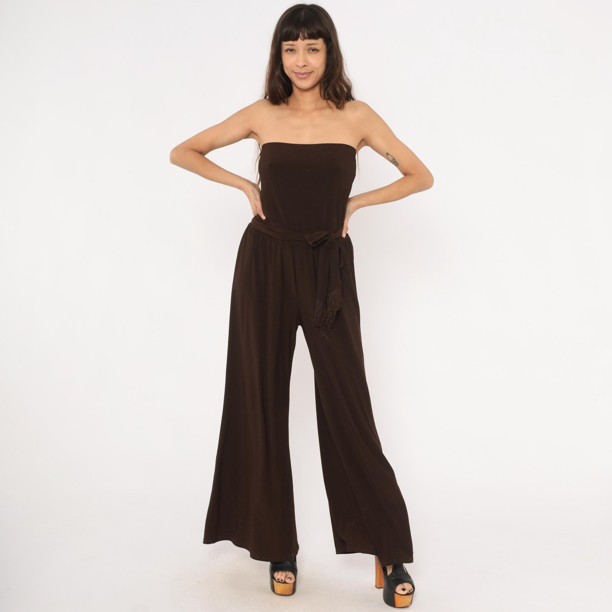2000s MSK Chocolate Brown Strapless Jumpsuit Wide Leg Palazzo Medium M