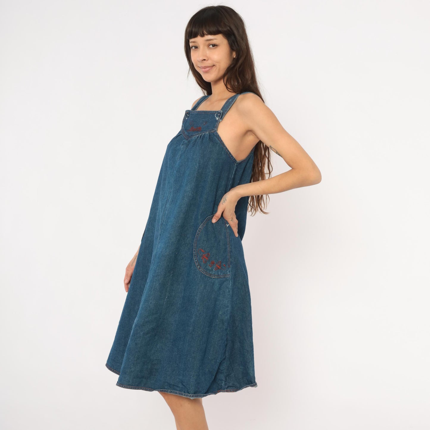 70s Joni Blair Denim Jumper Dress Blue Embroidered Pinafore XS