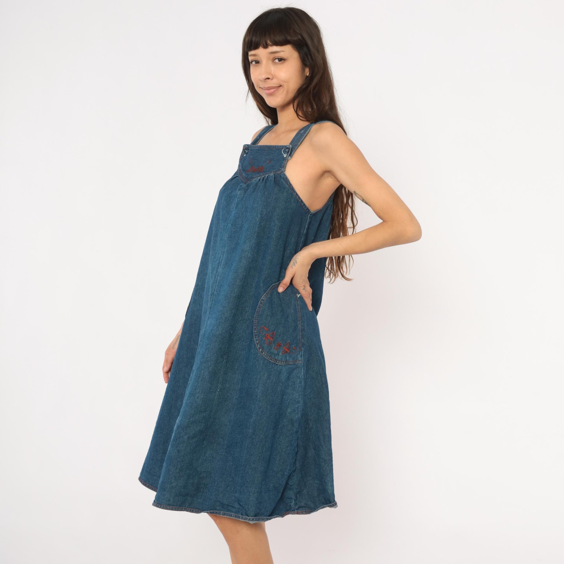 70s Joni Blair Denim Jumper Dress Blue Embroidered Pinafore XS