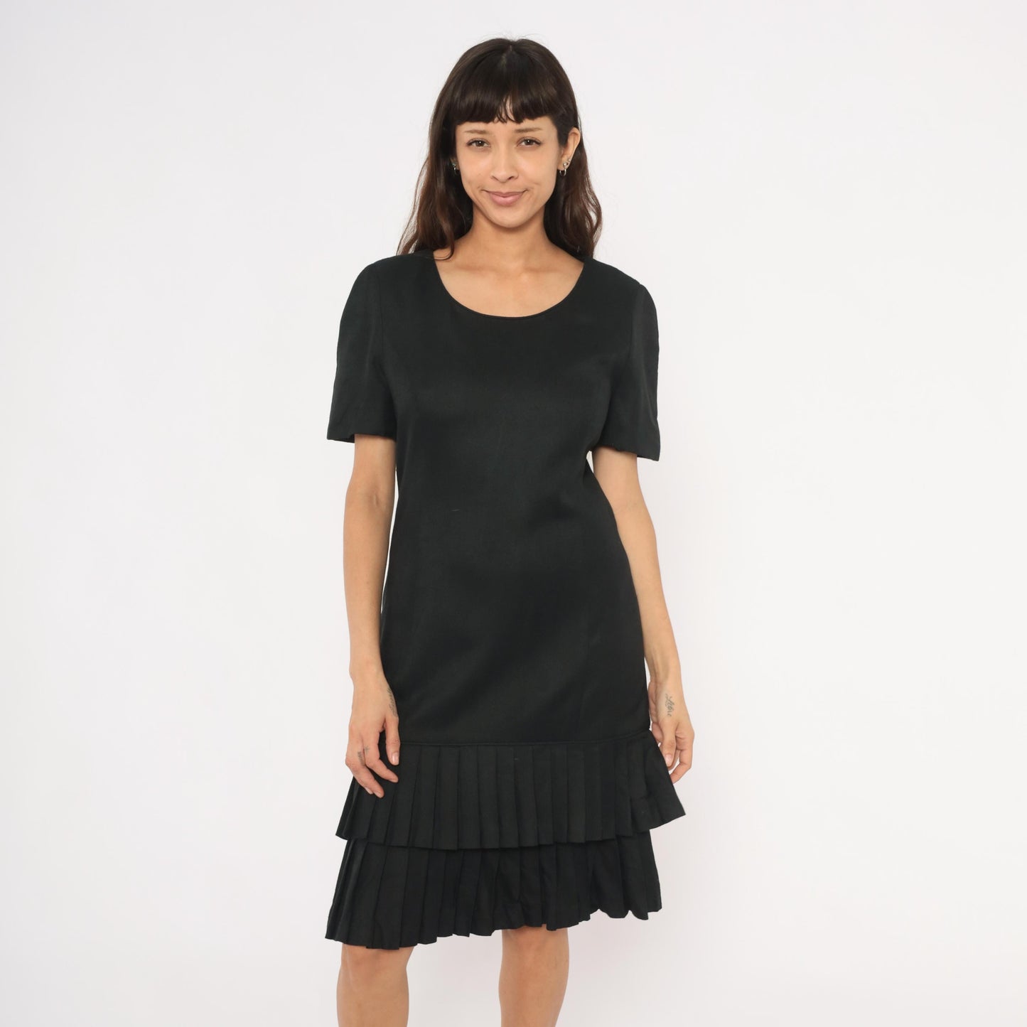 80s Carolina Herrera Black Knee-Length Dress Drop Waist Pleated Ruffle Medium