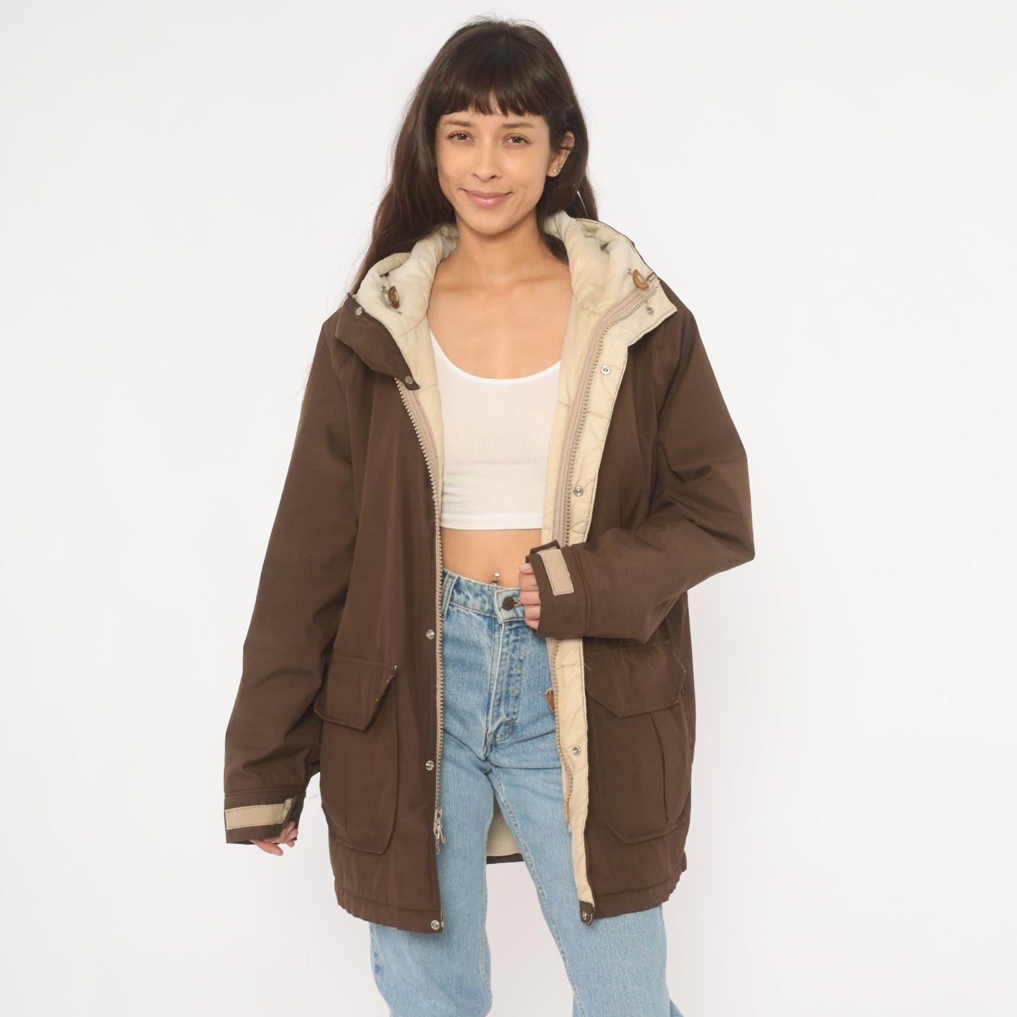 80s Woolrich Brown Hooded Parka Cargo Pockets Tan Quilted Lining Large