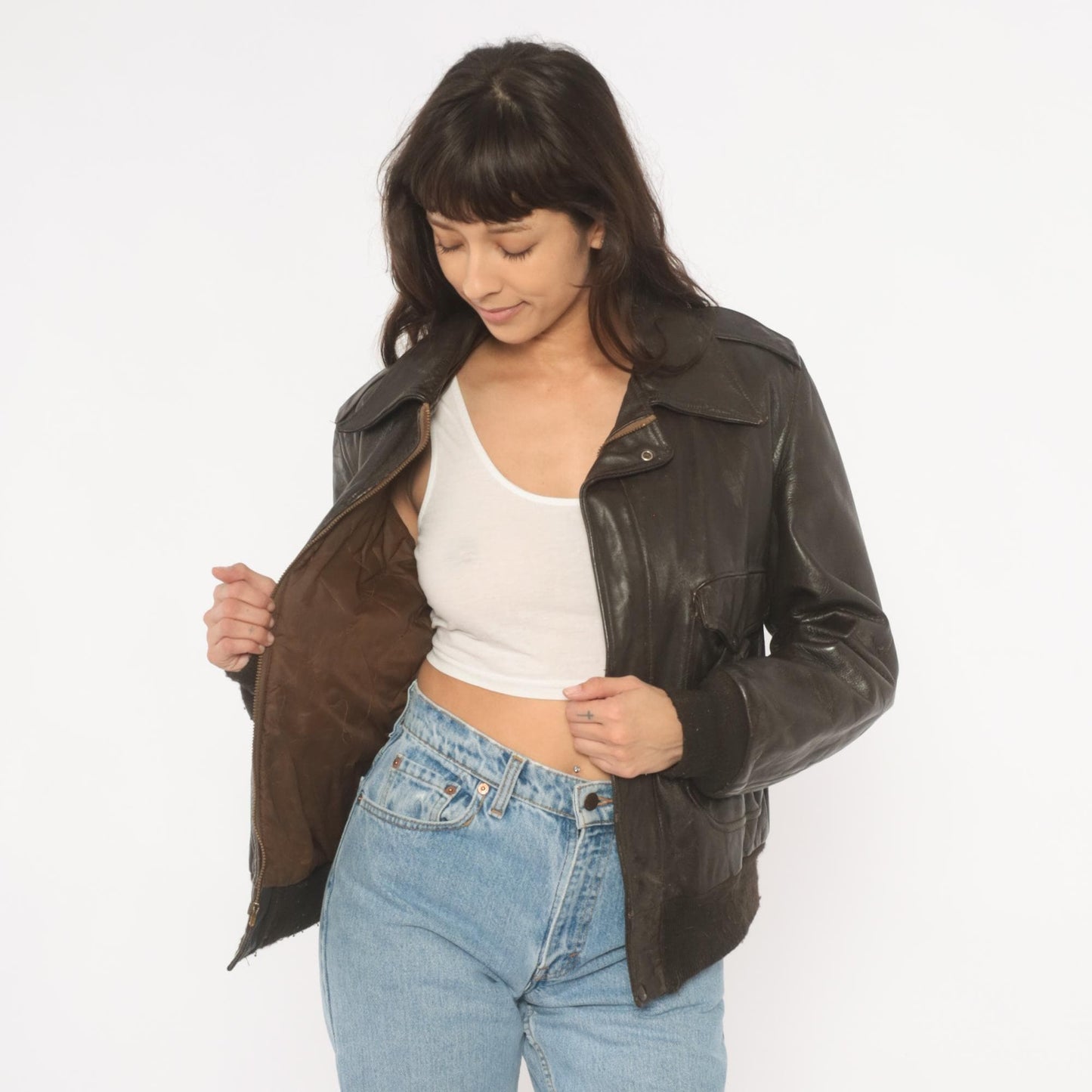 80s Golden Fleece Dark Brown Leather Bomber Jacket Cropped Small
