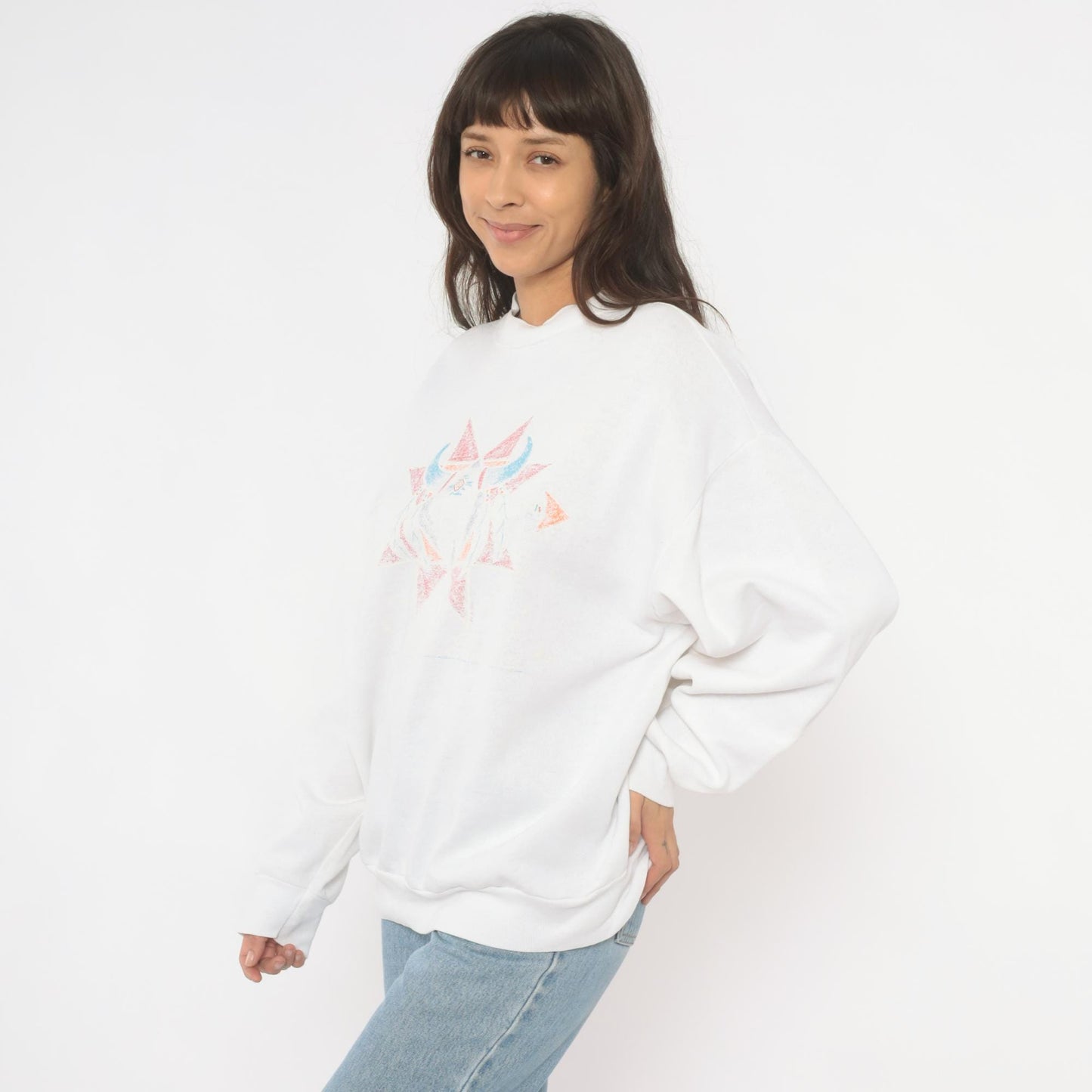 90s Tultex Southwestern Cow Skull Sweatshirt White Pastel Geometric Crewneck Extra Large XXL
