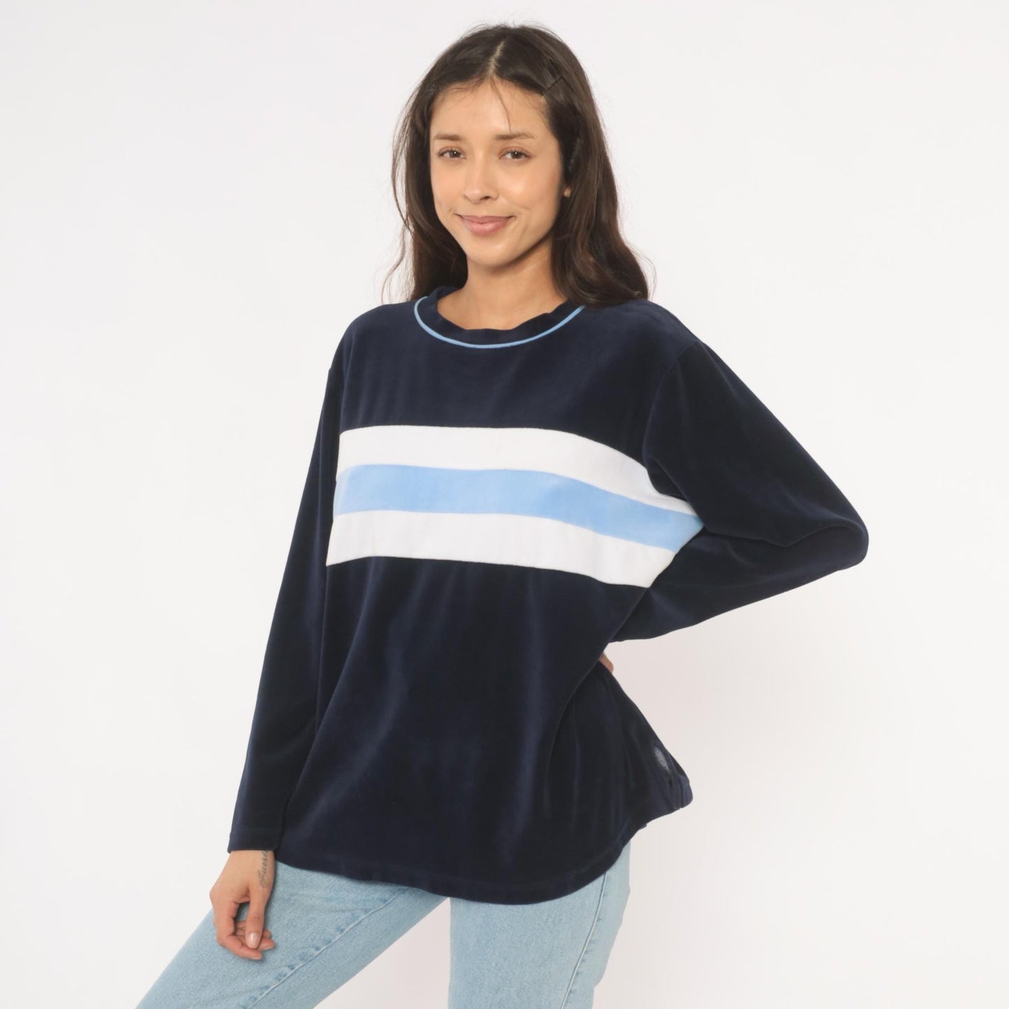 2000s St Johns Bay Navy Velour Sweatshirt Striped Chest Panel Extra Large XL