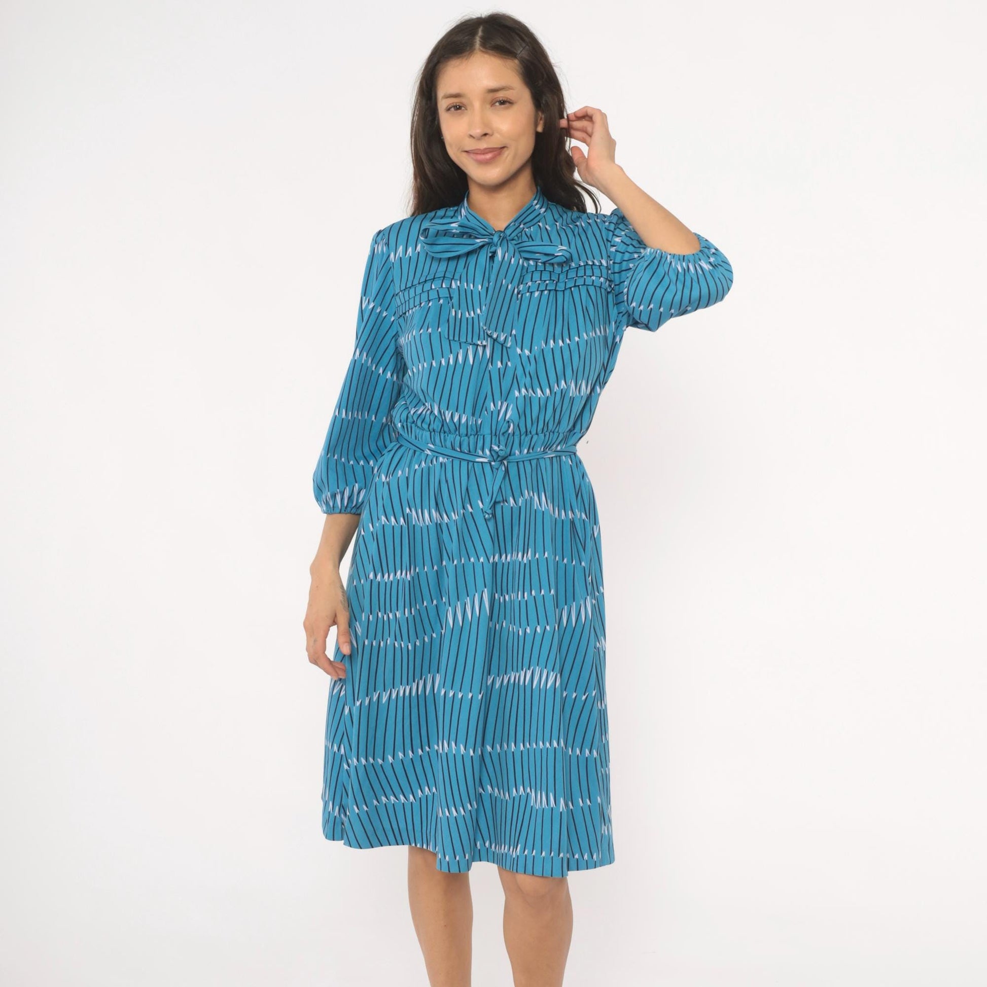 70s Teal Geometric Stripe Bow Neck Dress Puff Sleeve Belted Knee Length Large L