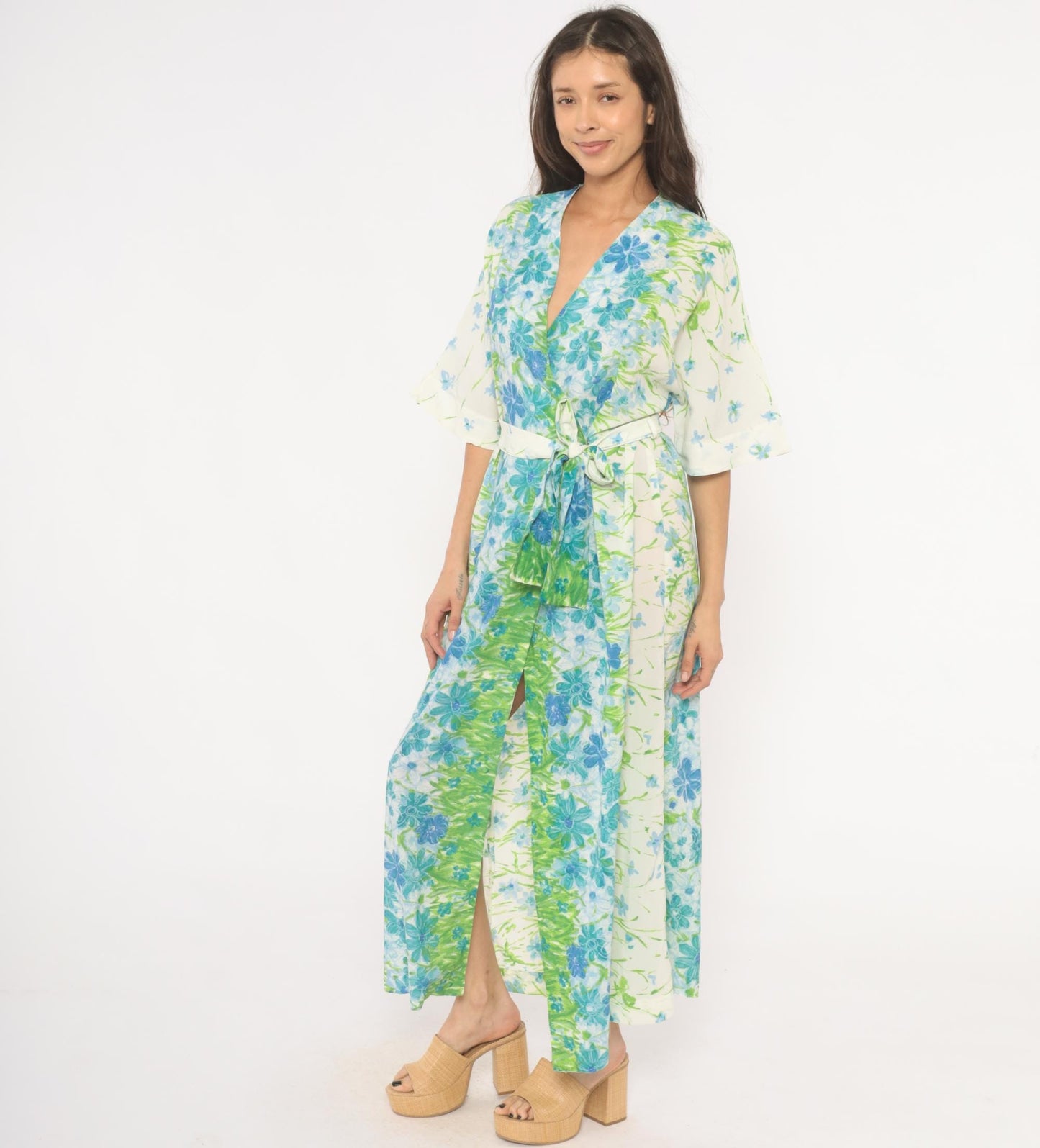 70s Floral Kimono Robe Maxi Wrap Dress Watercolor Print Blue Green Medium