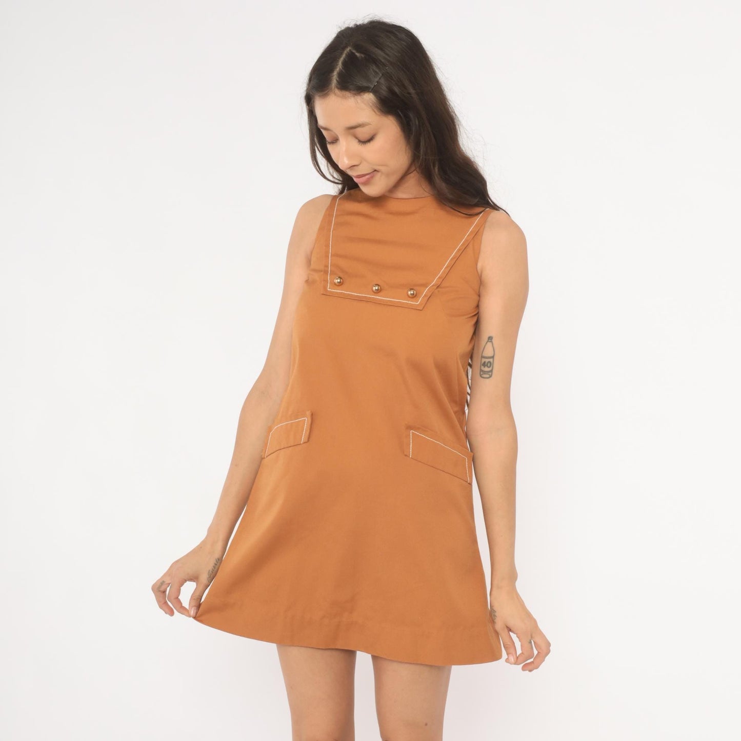 60s Mod Mini Dress Tan Sleeveless Shift Gold Button Crew Neck Extra Small XS