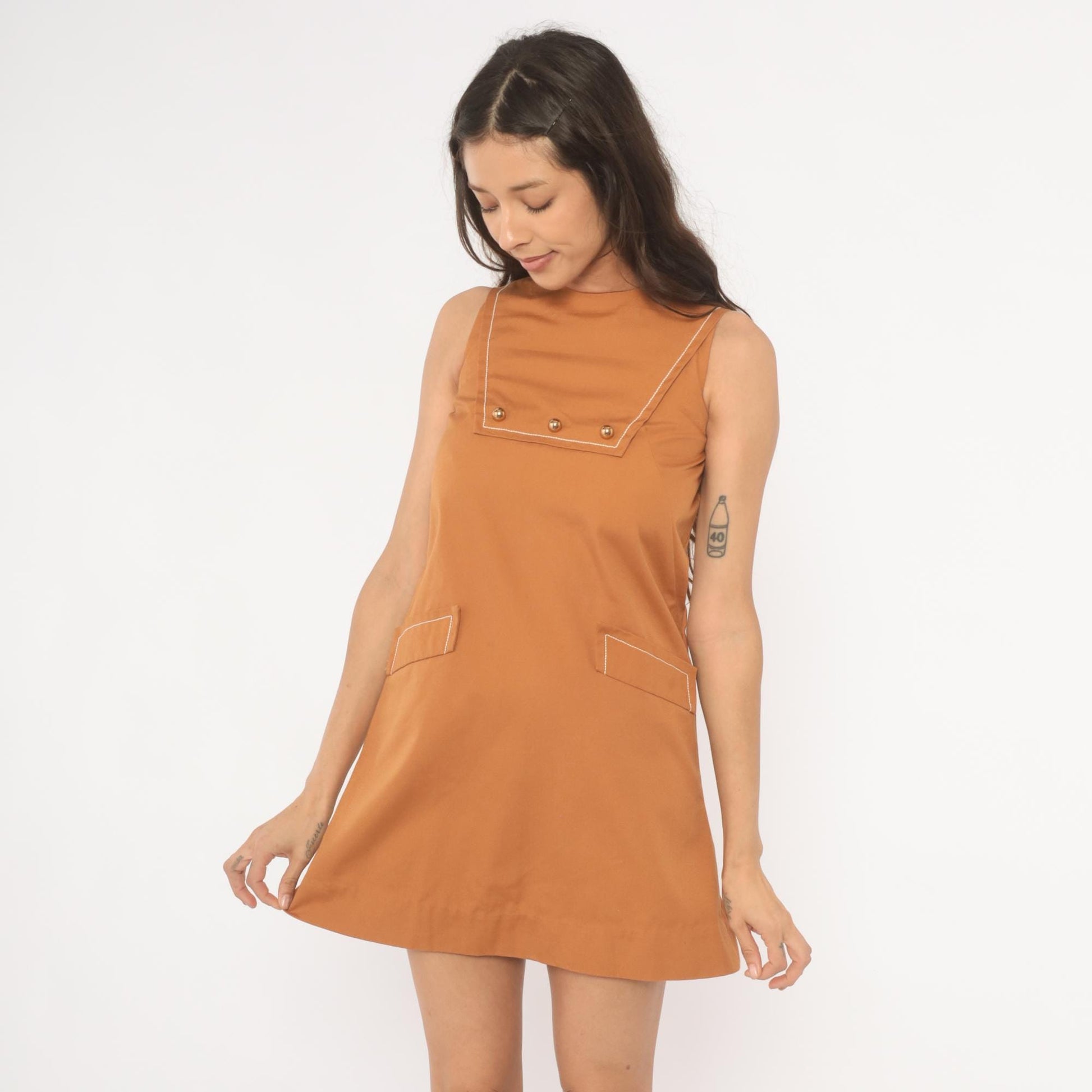 60s Mod Mini Dress Tan Sleeveless Shift Gold Button Crew Neck Extra Small XS