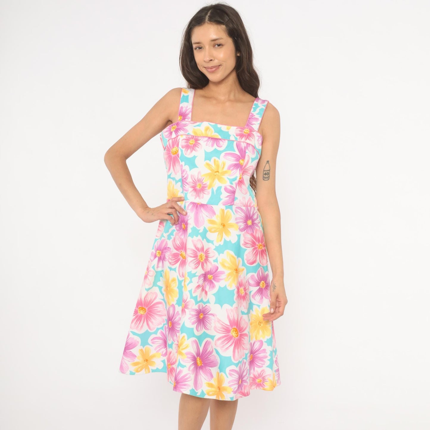 90s Scarlett Floral Sundress Square Neck Daisy Print Sky Blue Medium M