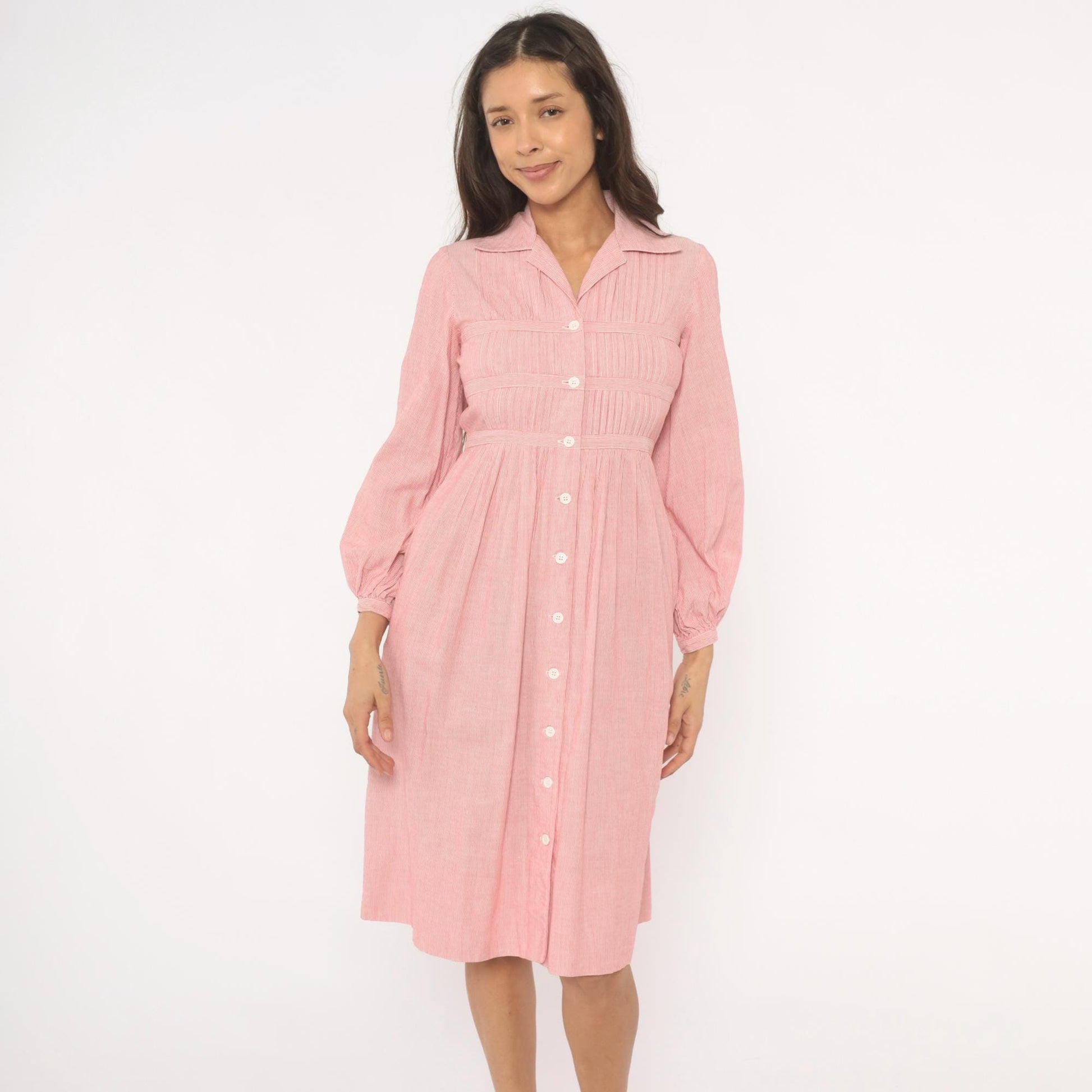 80s Nipon Boutique Pinstripe Shirtdress Pink Button Front Puff Sleeve XS