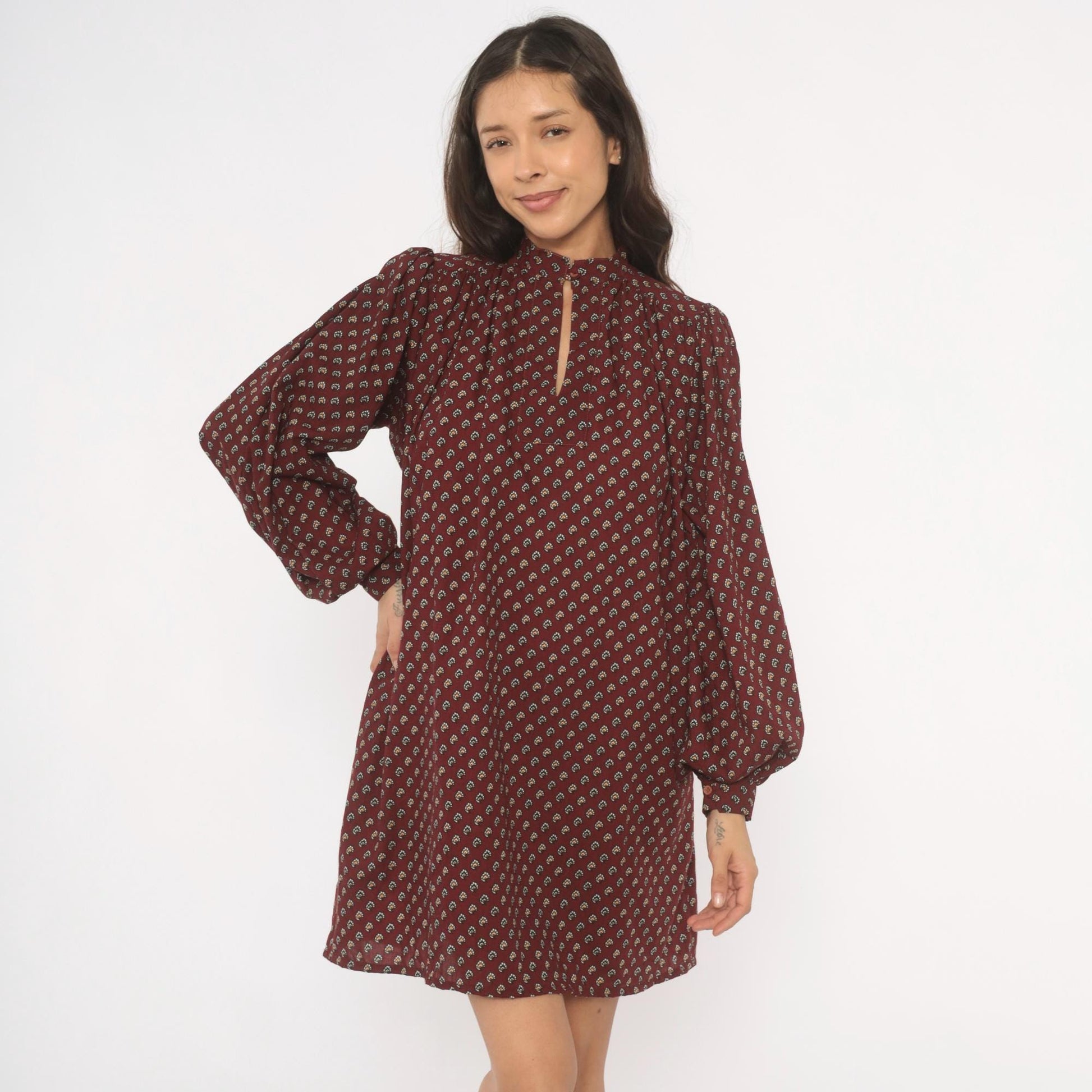 80s Hear Say Burgundy Floral Mini Dress Puff Sleeve Keyhole Band Collar Medium M