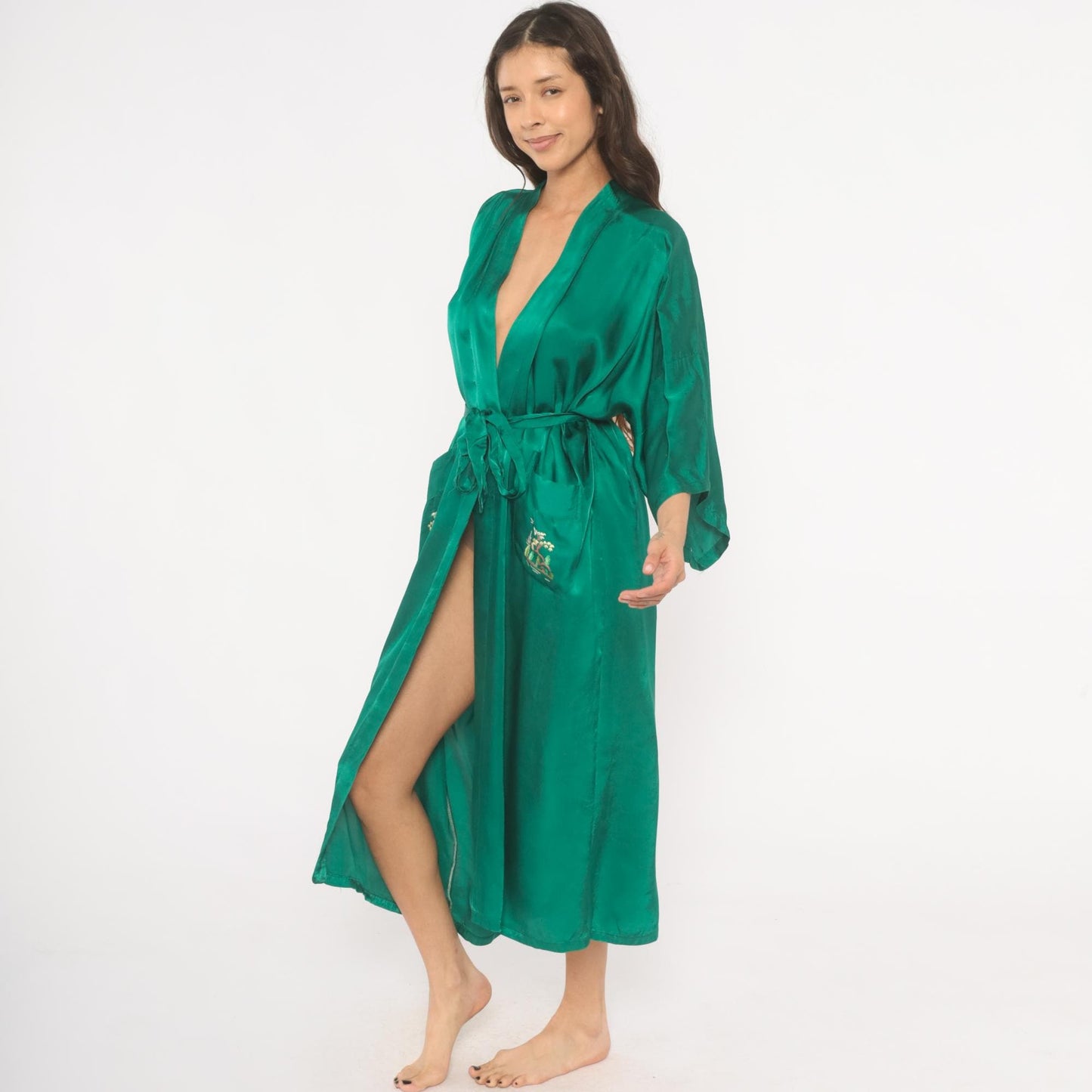 80s Health Silk Kimono Robe Emerald Embroidered Landscape Ankle Length Large L