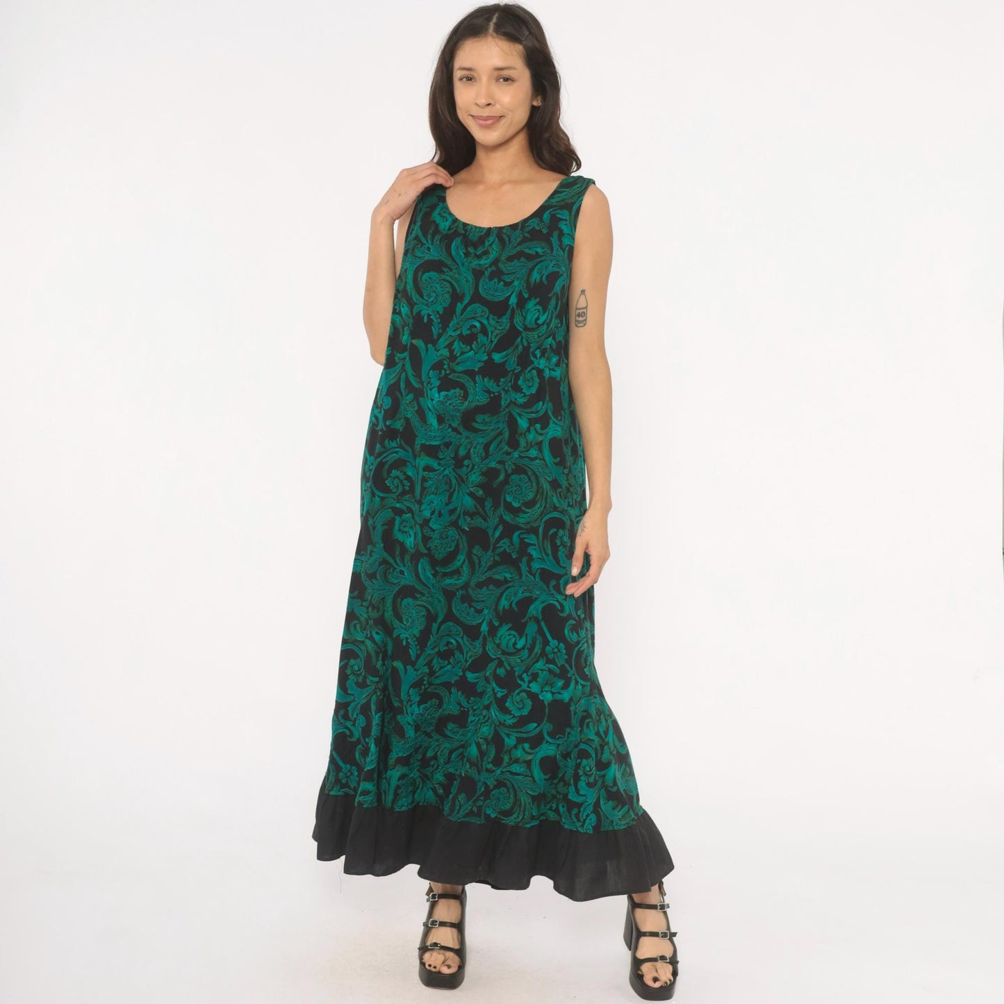90s R & K Originals Teal Baroque Maxi Dress Emerald Floral Mermaid Large L