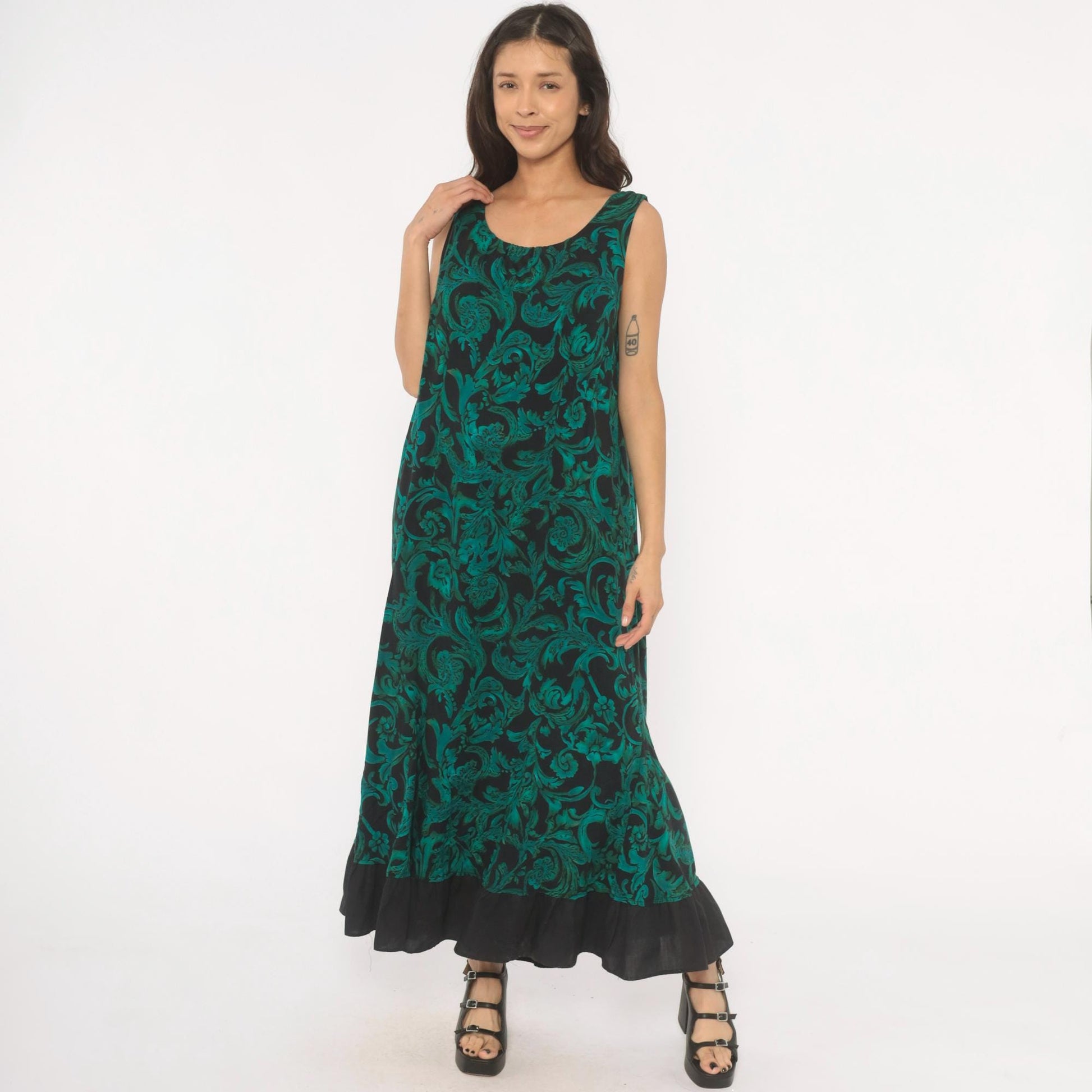 90s R & K Originals Teal Baroque Maxi Dress Emerald Floral Mermaid Large L