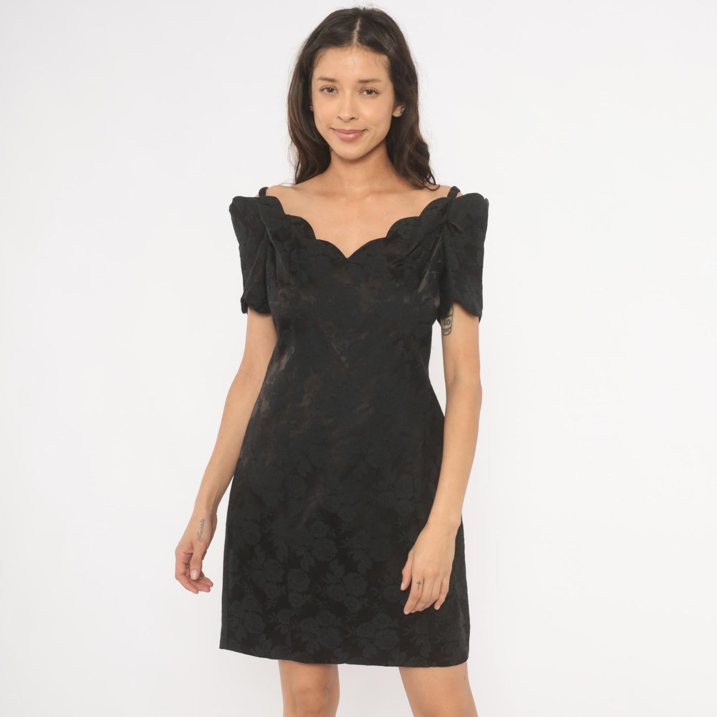 90s Expo Petite Black Floral Jacquard Mini Dress Sweetheart Neckline Medium M