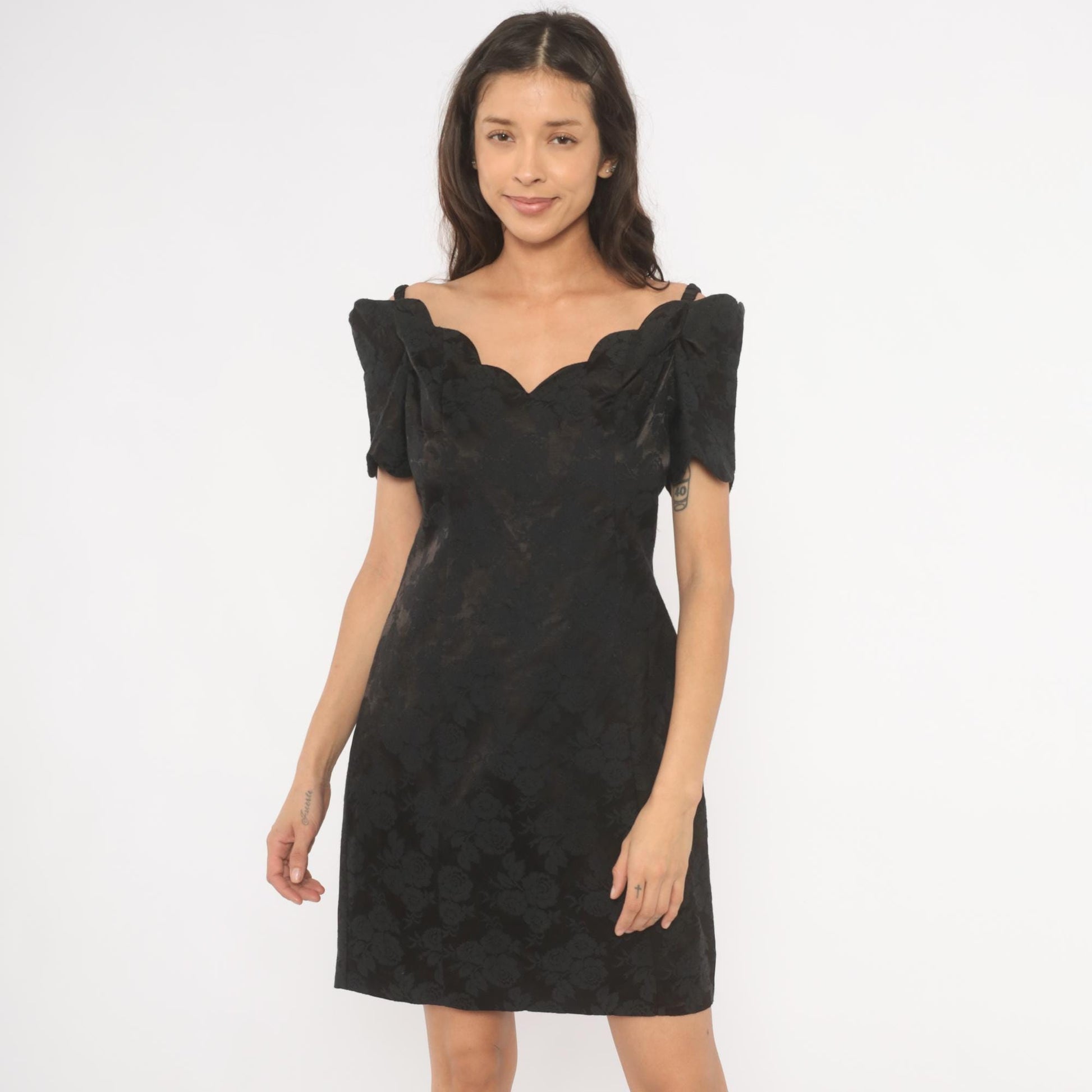 90s Expo Petite Black Floral Jacquard Mini Dress Sweetheart Neckline Medium M