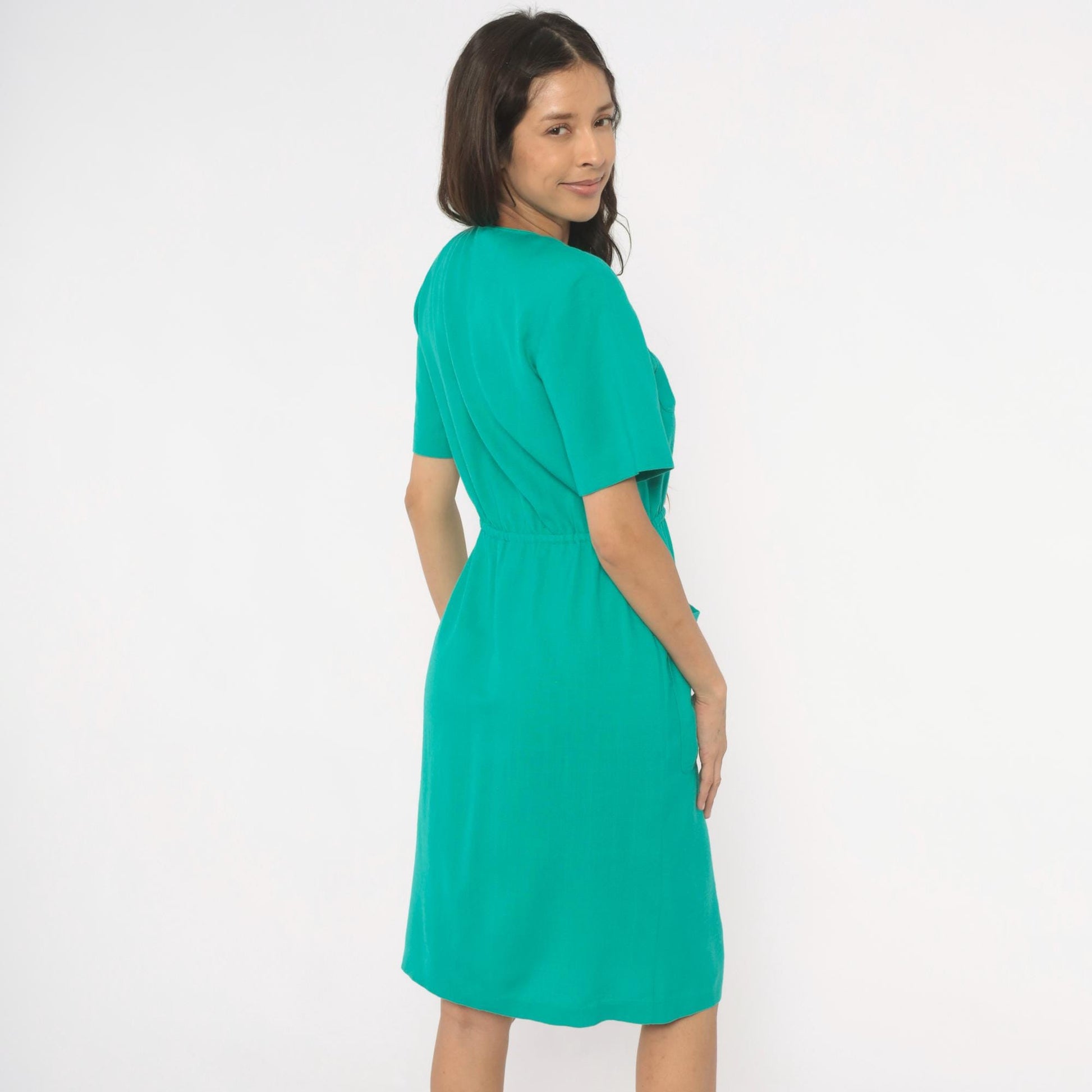 80s Teal Shirtdress Knee-Length Button Front Elastic Waist Small