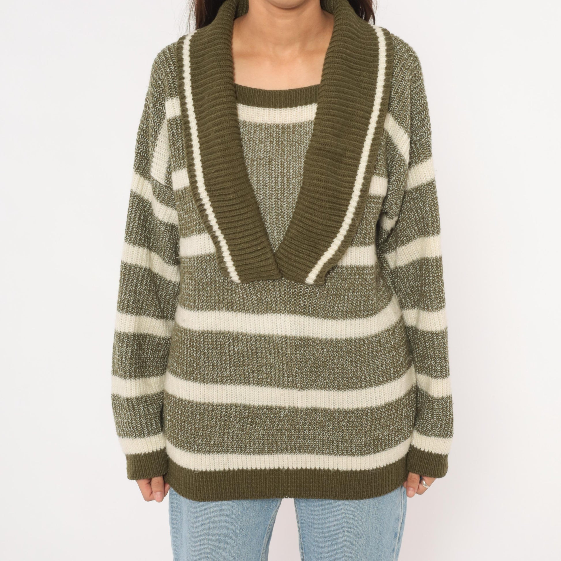 80s Olive Cream Striped Shawl Collar Sweater Knit Pullover Medium