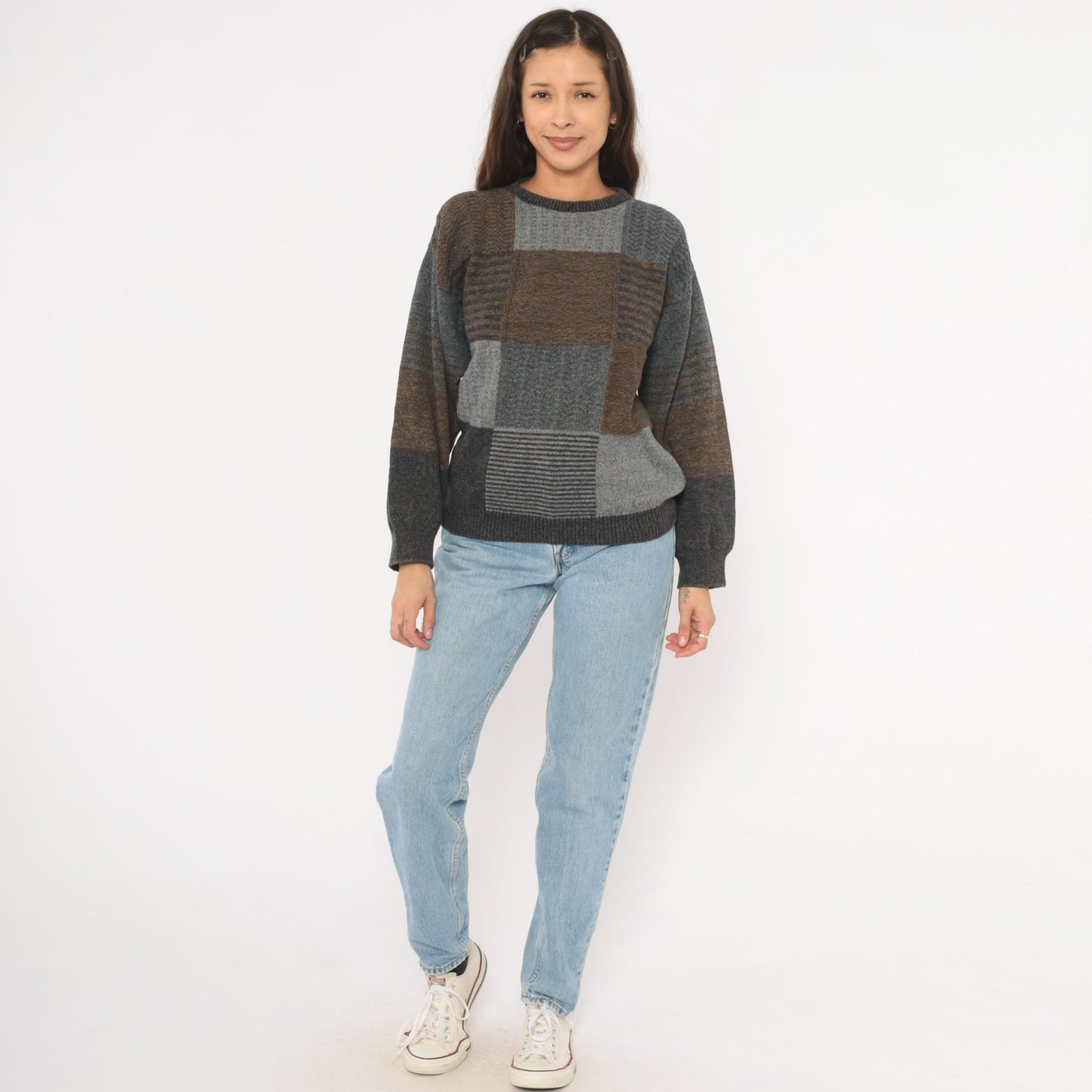 90s Bill Blass Patchwork Knit Sweater Brown Charcoal Colorblock Medium M