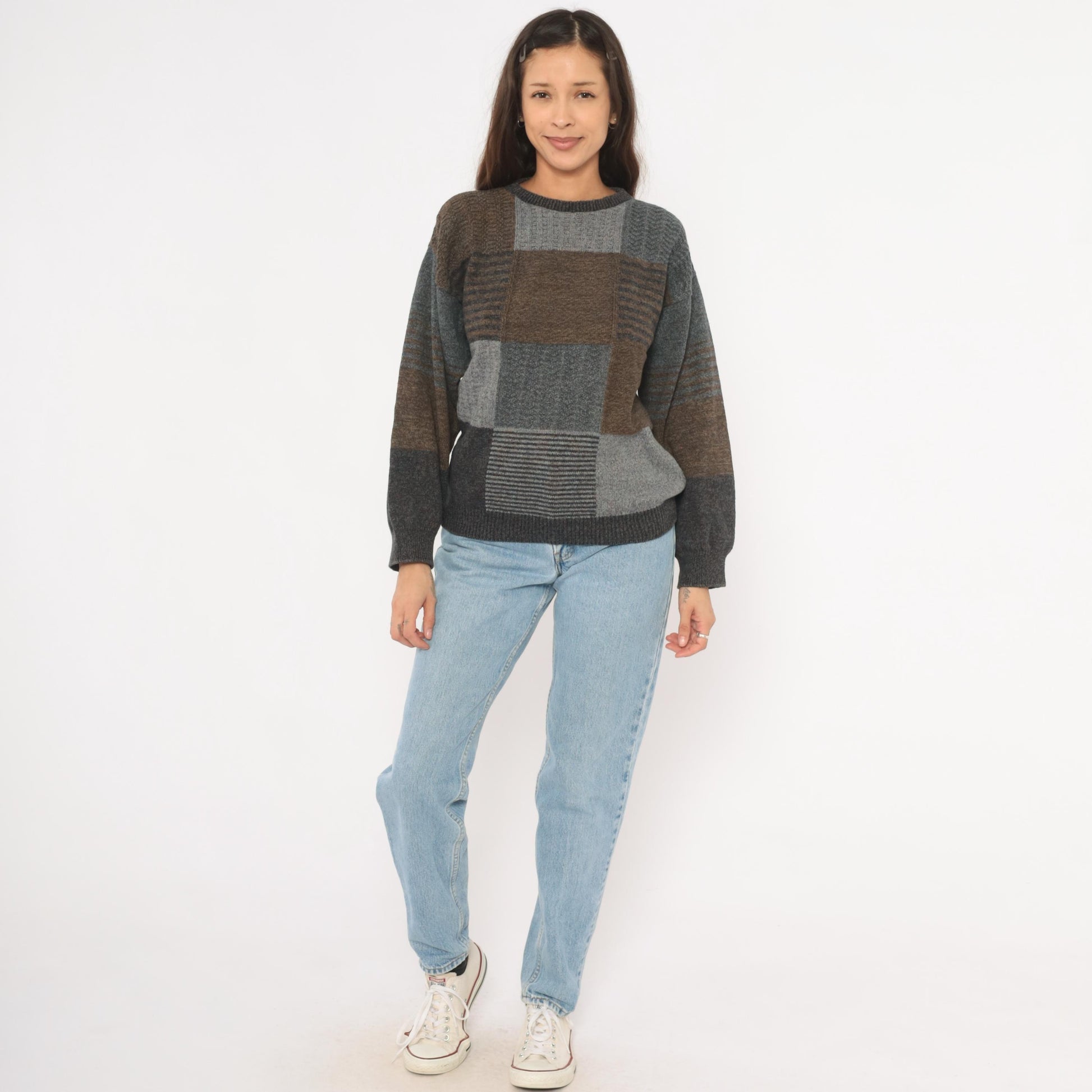 90s Bill Blass Patchwork Knit Sweater Brown Charcoal Colorblock Medium M