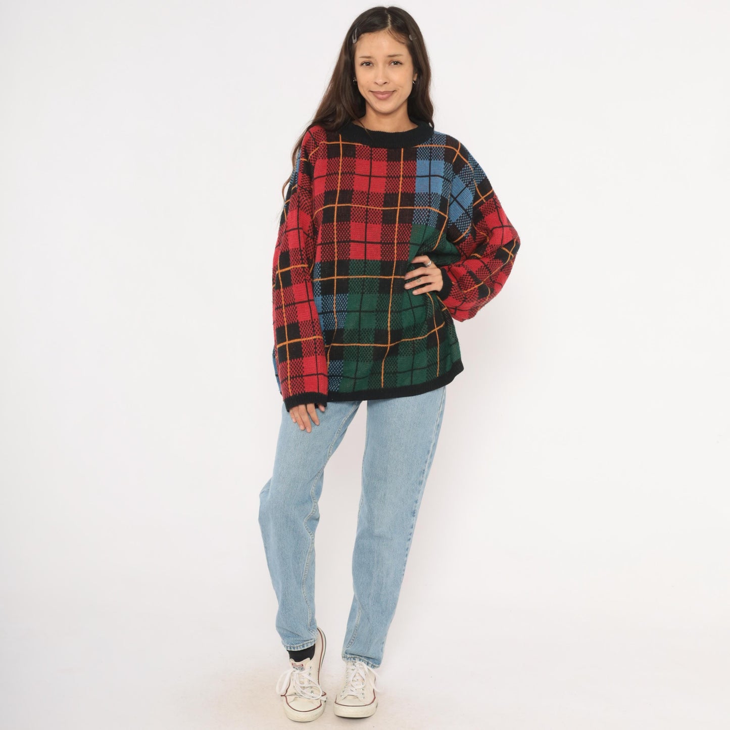 90s Venezia Plaid Knit Pullover Tartan Crewneck Multicolor Extra Large