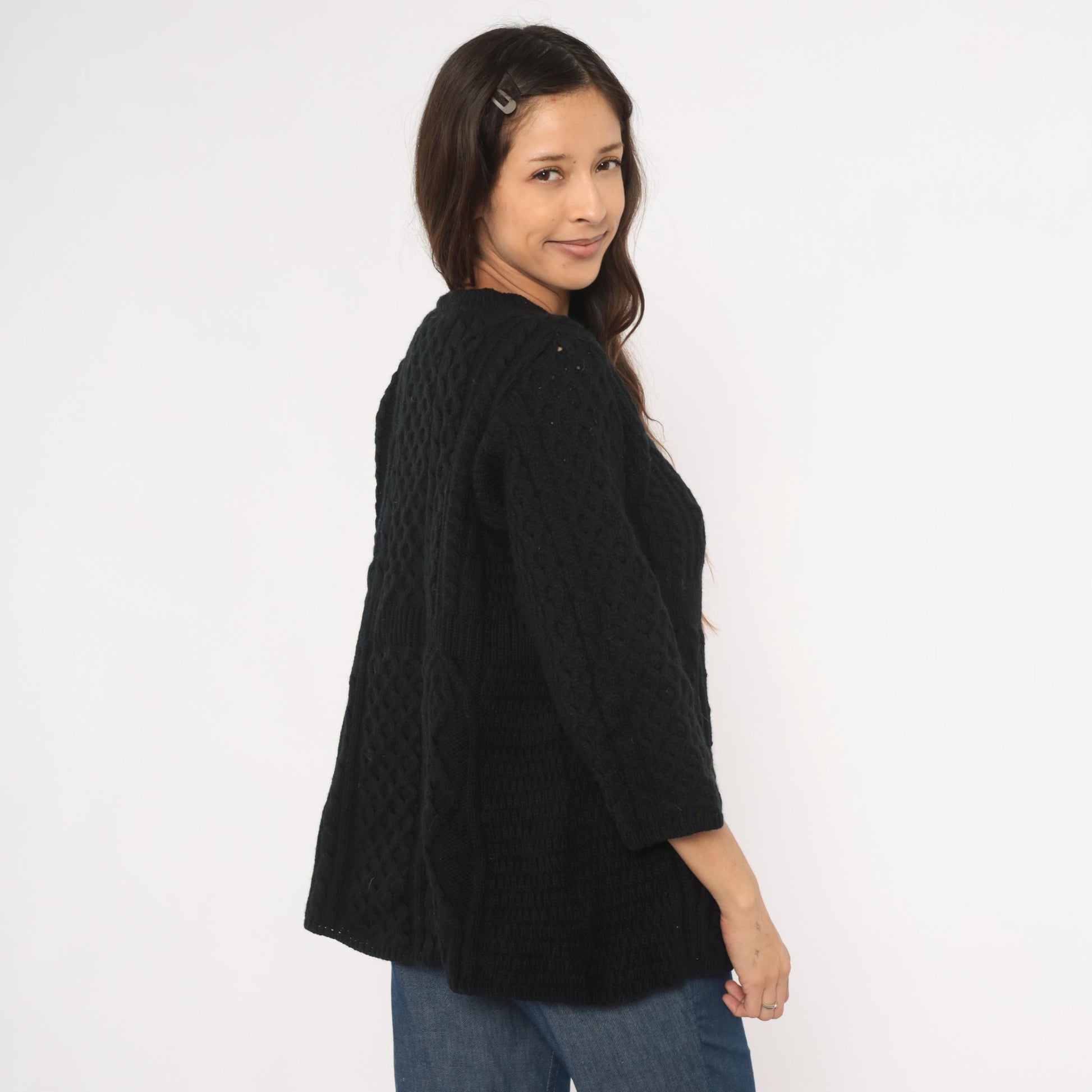 90s Kilronan Knitwear Black Cable Knit Cardigan Wool Crew Neck Medium M