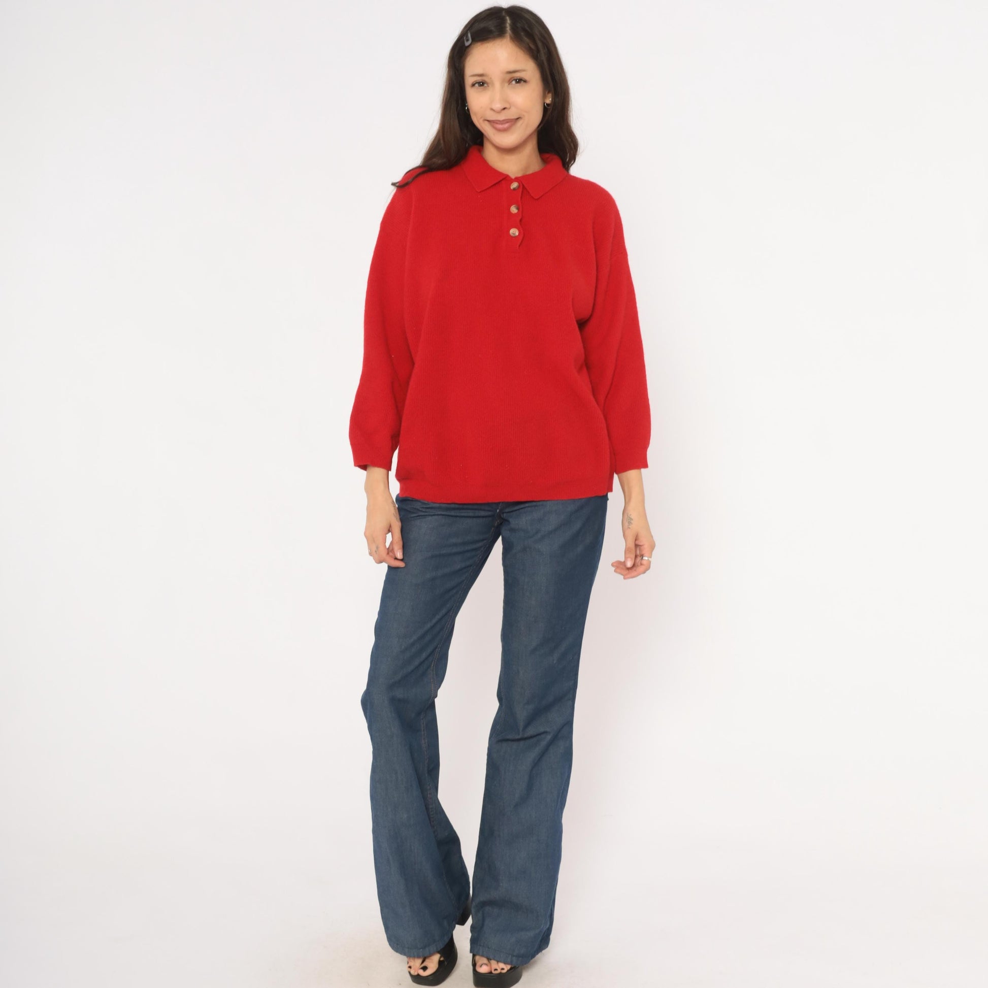 90s Outback Red Polo Sweater Wool Knit Collared Button Pullover Medium