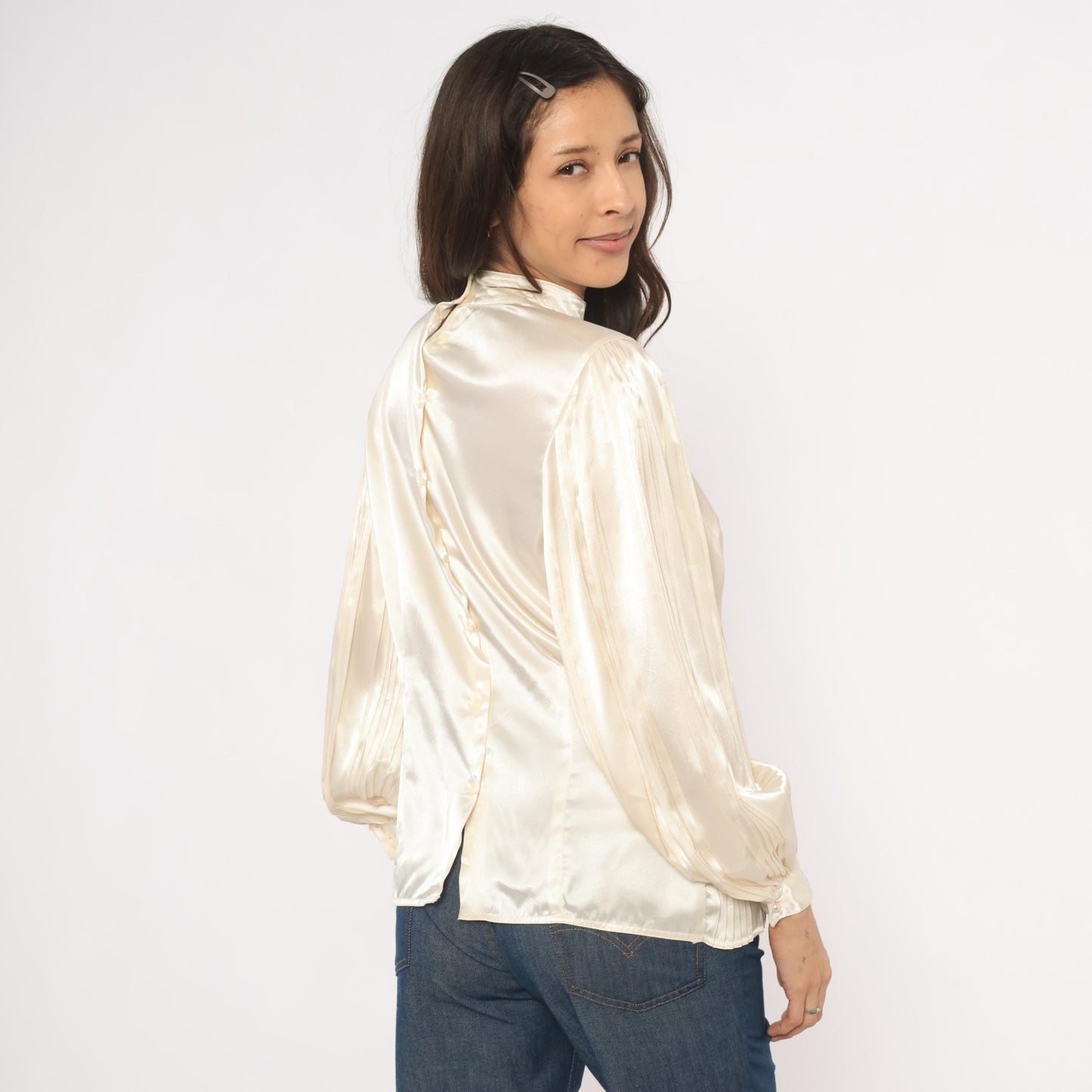 80s Nilani Ivory Satin Blouse Peplum High Neck Bishop Sleeve Small