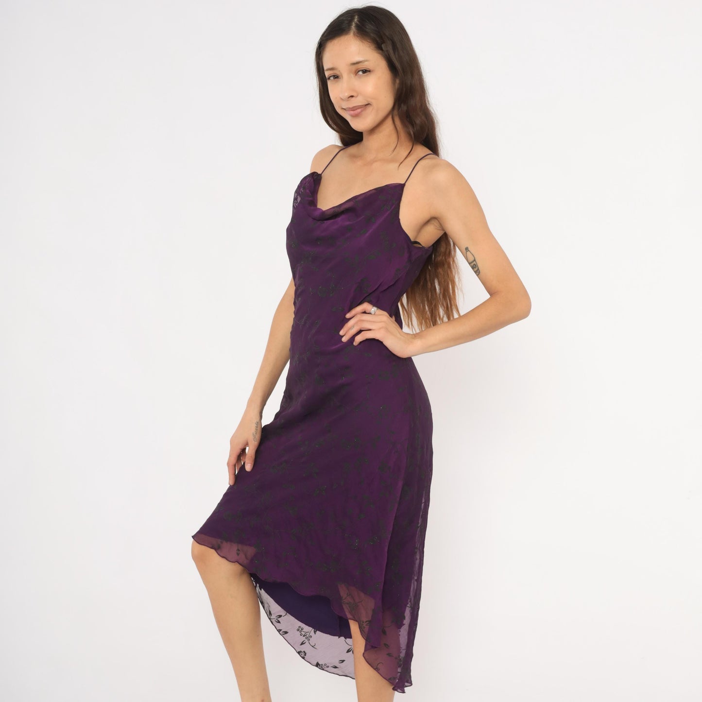 Y2K Purple Cowl Neck Slip Dress Floral Chiffon Overlay Spaghetti Strap Extra Large XL