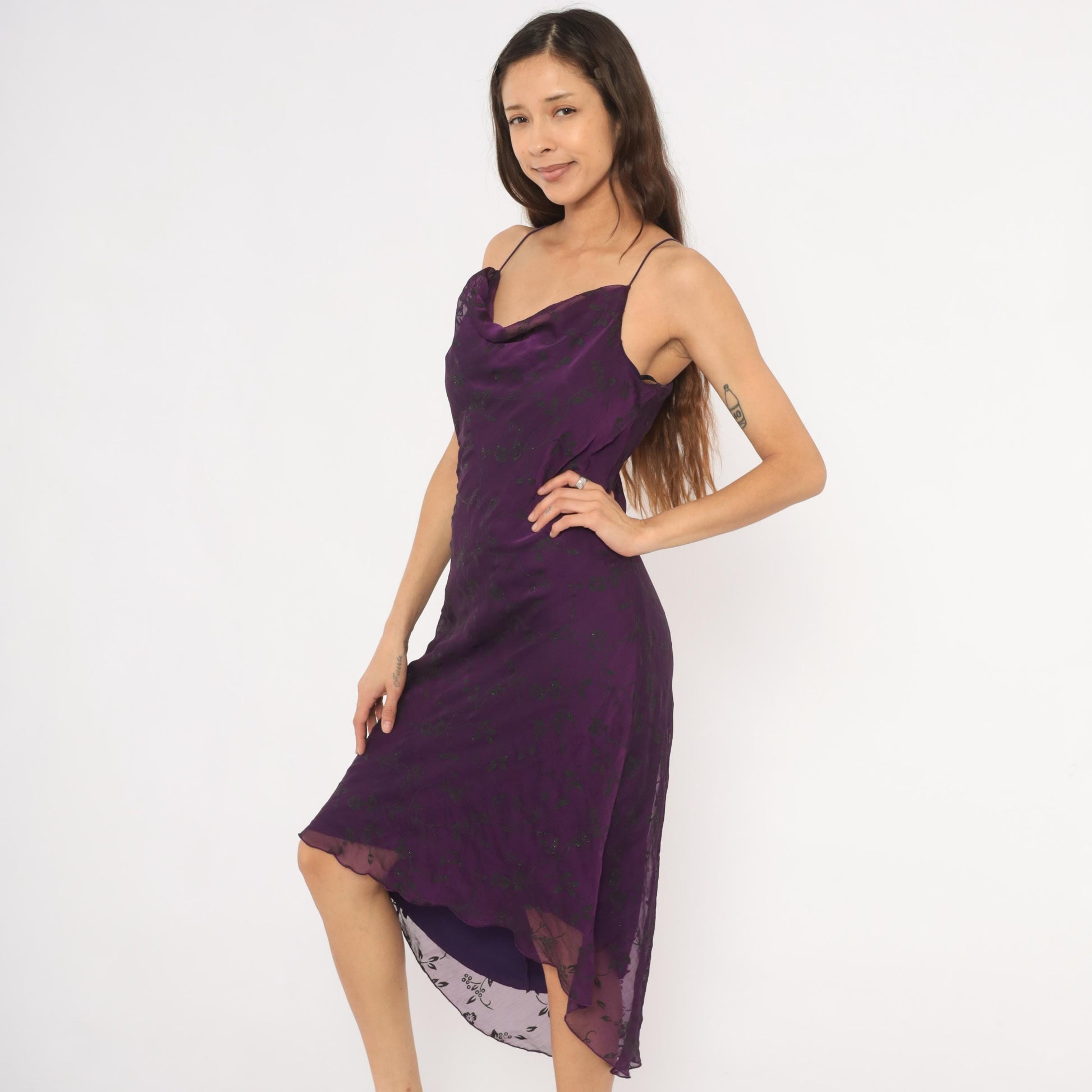 Y2K Purple Cowl Neck Slip Dress Floral Chiffon Overlay Spaghetti Strap Extra Large XL