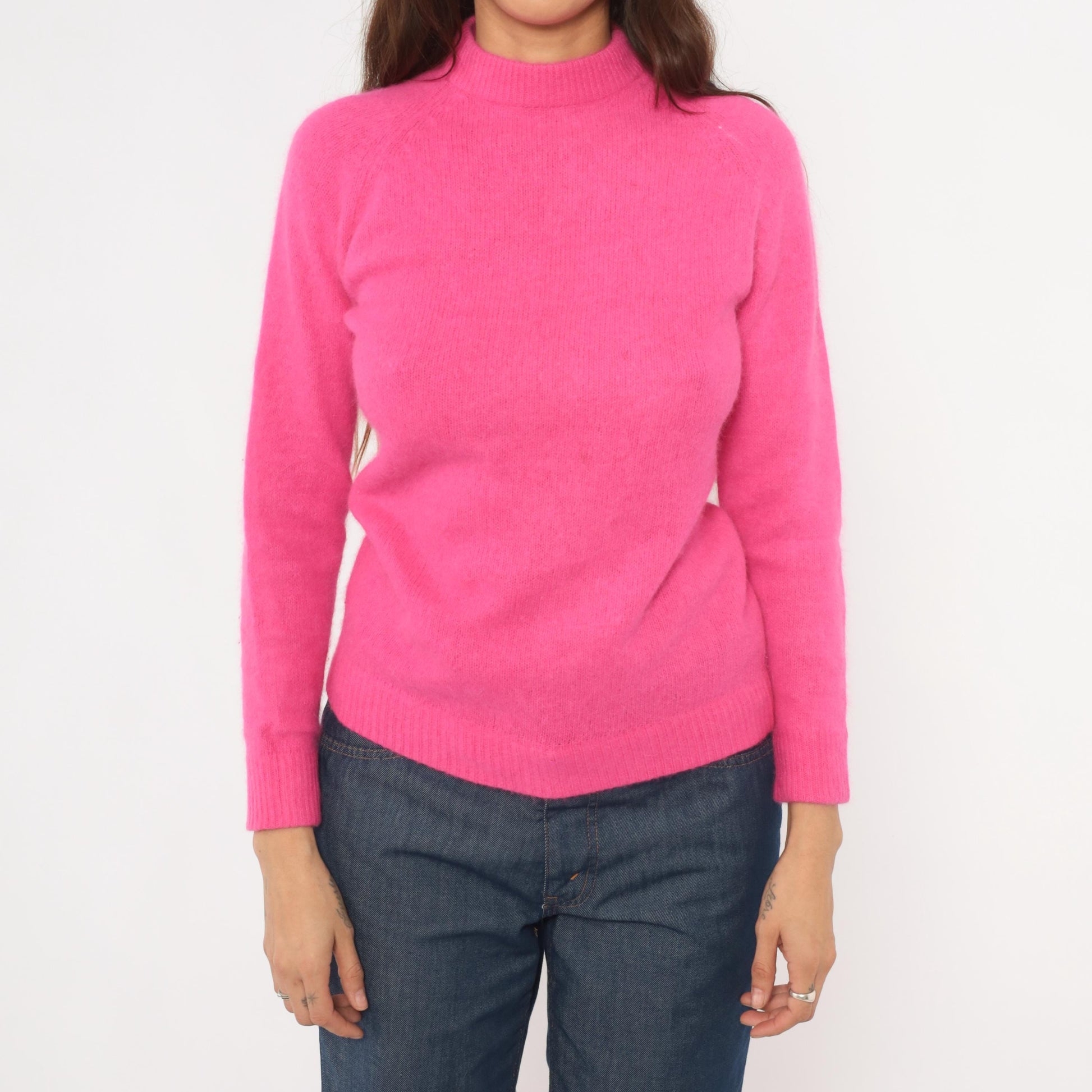 70s Hot Pink Mock Neck Sweater Lambswool Angora Fitted Raglan Small S