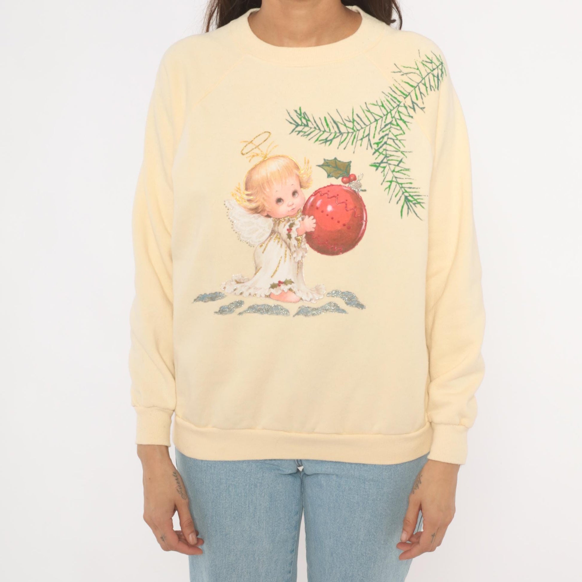 90s Hanes Her Way Christmas Angel Sweatshirt Cream Raglan Graphic Large L