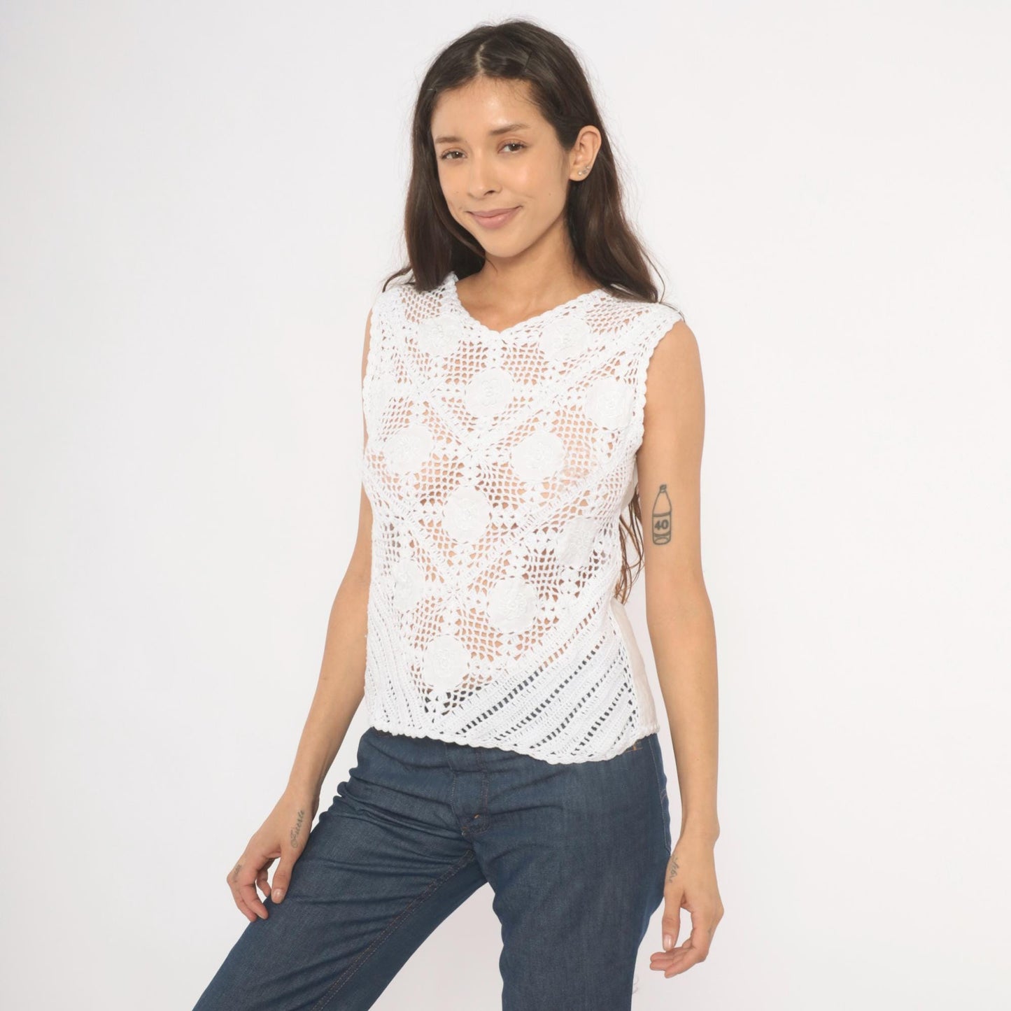 90s White Crochet Lace Tank Top Floral Medallion V-Neck Cotton Small