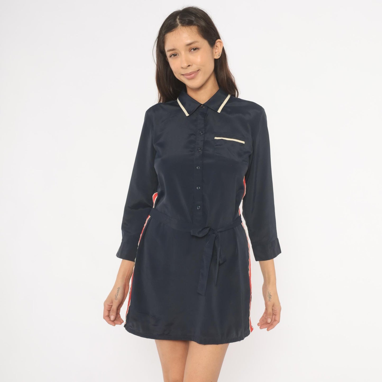 Tommy Hilfiger Navy Mini Dress 2000s Striped Collared Shirt Dress Medium M