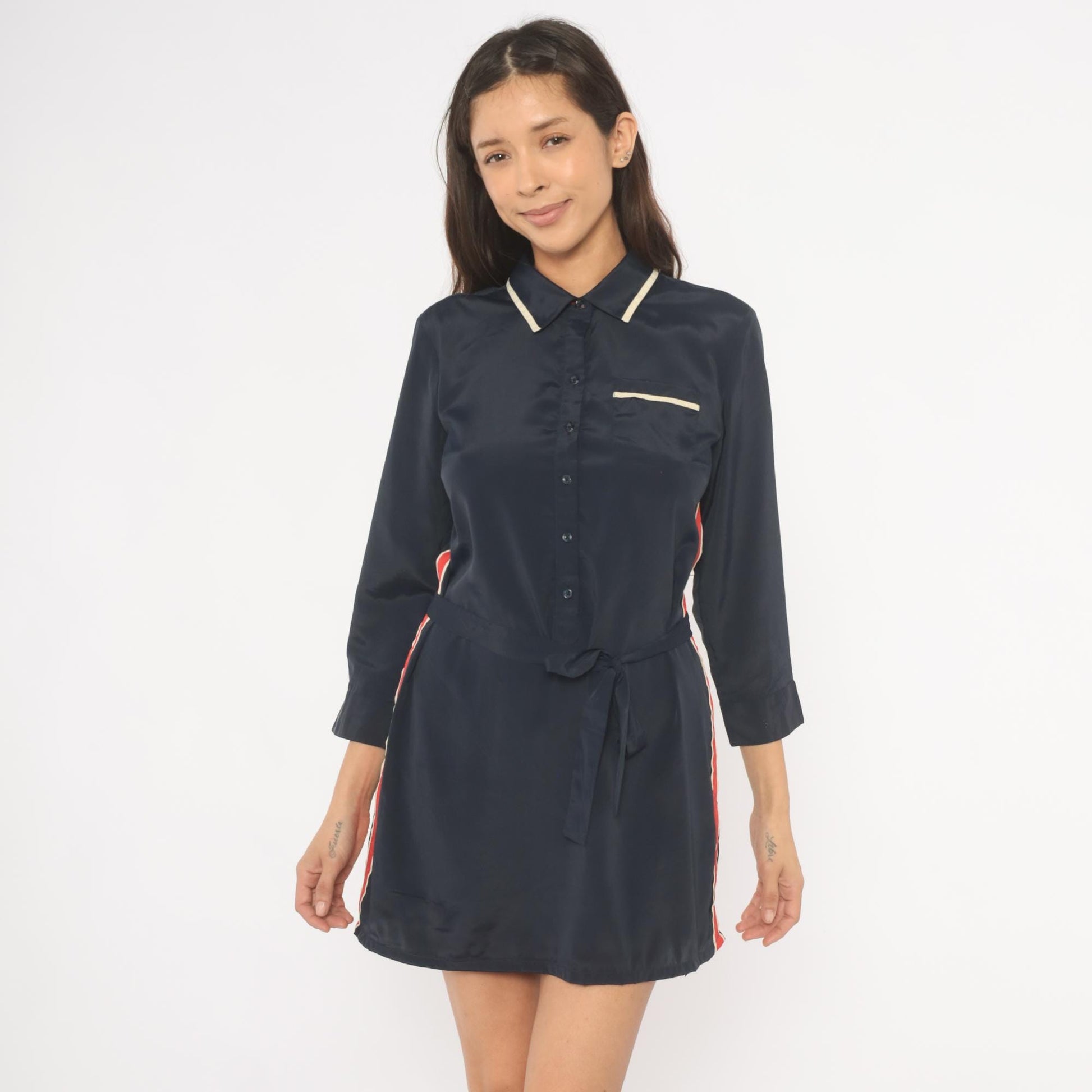 Tommy Hilfiger Navy Mini Dress 2000s Striped Collared Shirt Dress Medium M