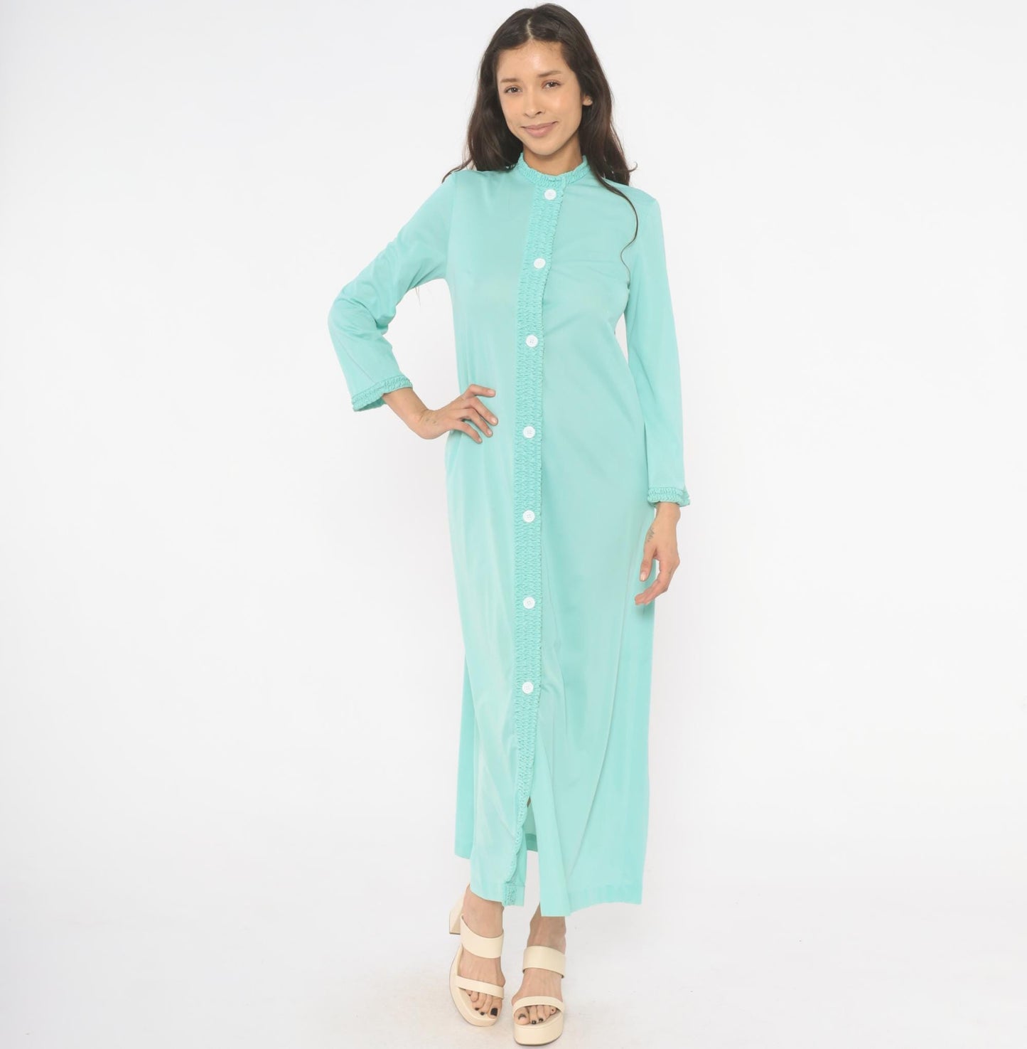 70s Loungewear by Gossard Mint Maxi Housecoat Smocked Ruffle Small