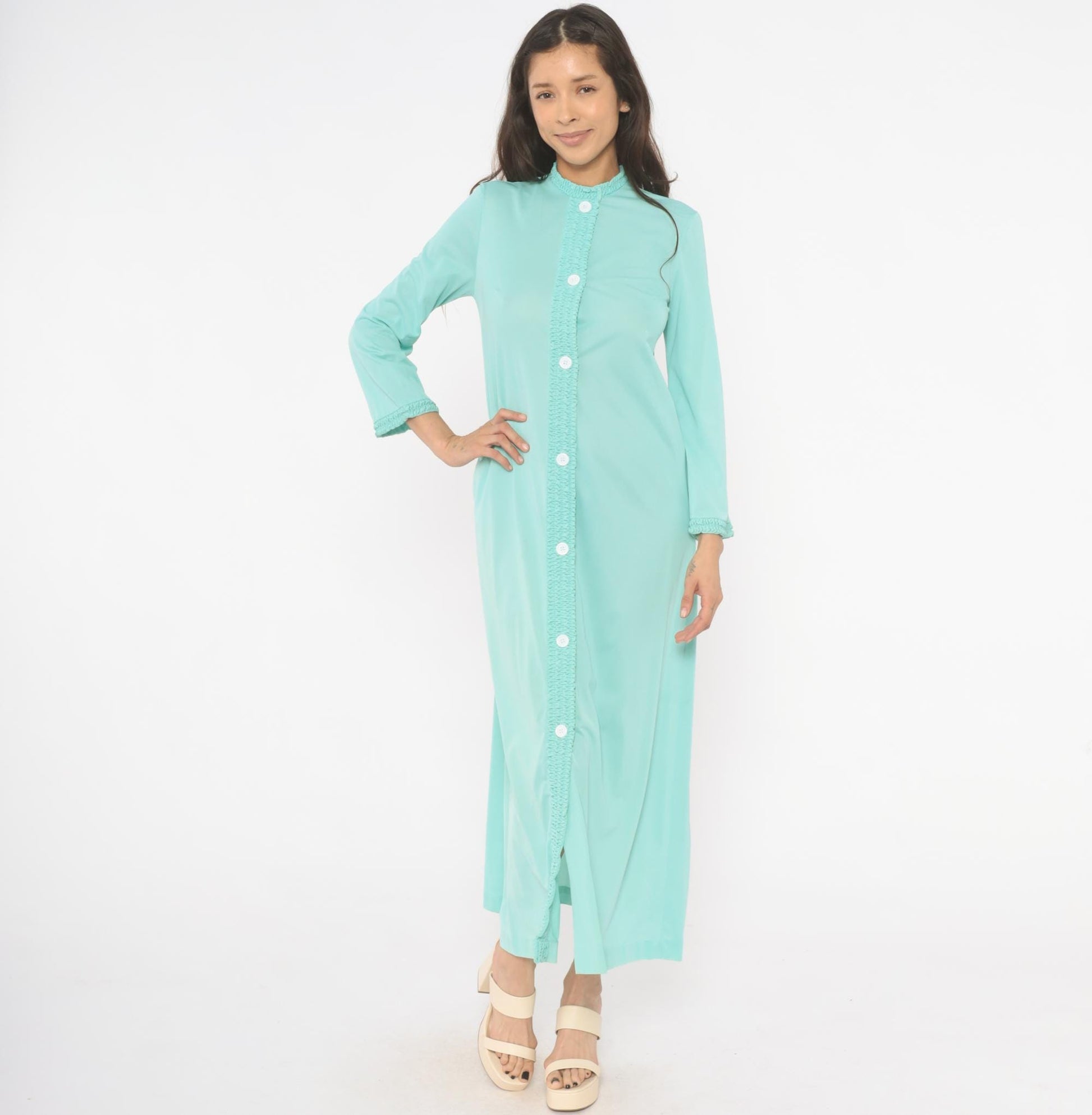 70s Loungewear by Gossard Mint Maxi Housecoat Smocked Ruffle Small