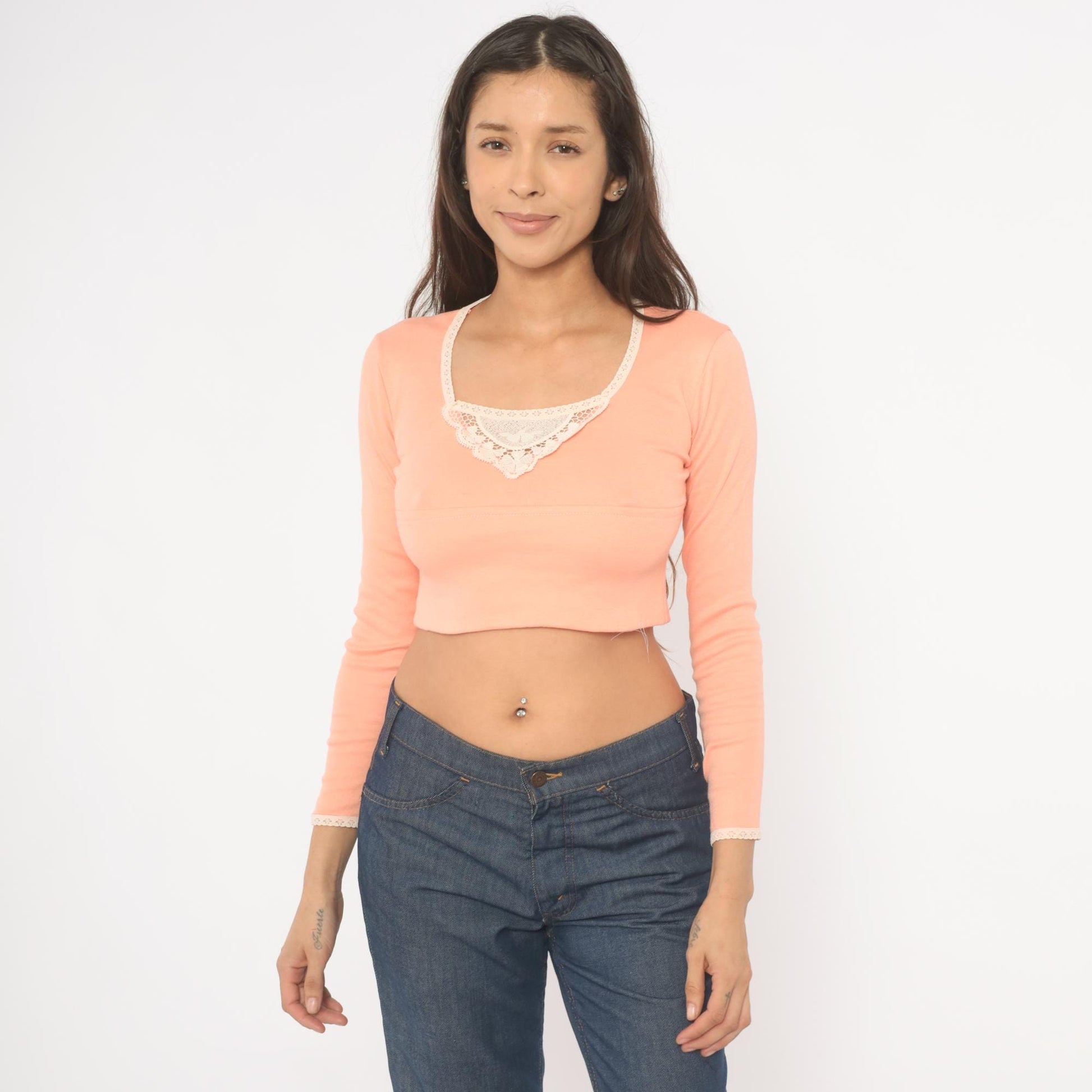 70s Peach Crop Top Long Sleeve Lace Trim Cotton Blend Salmon Bralette XS