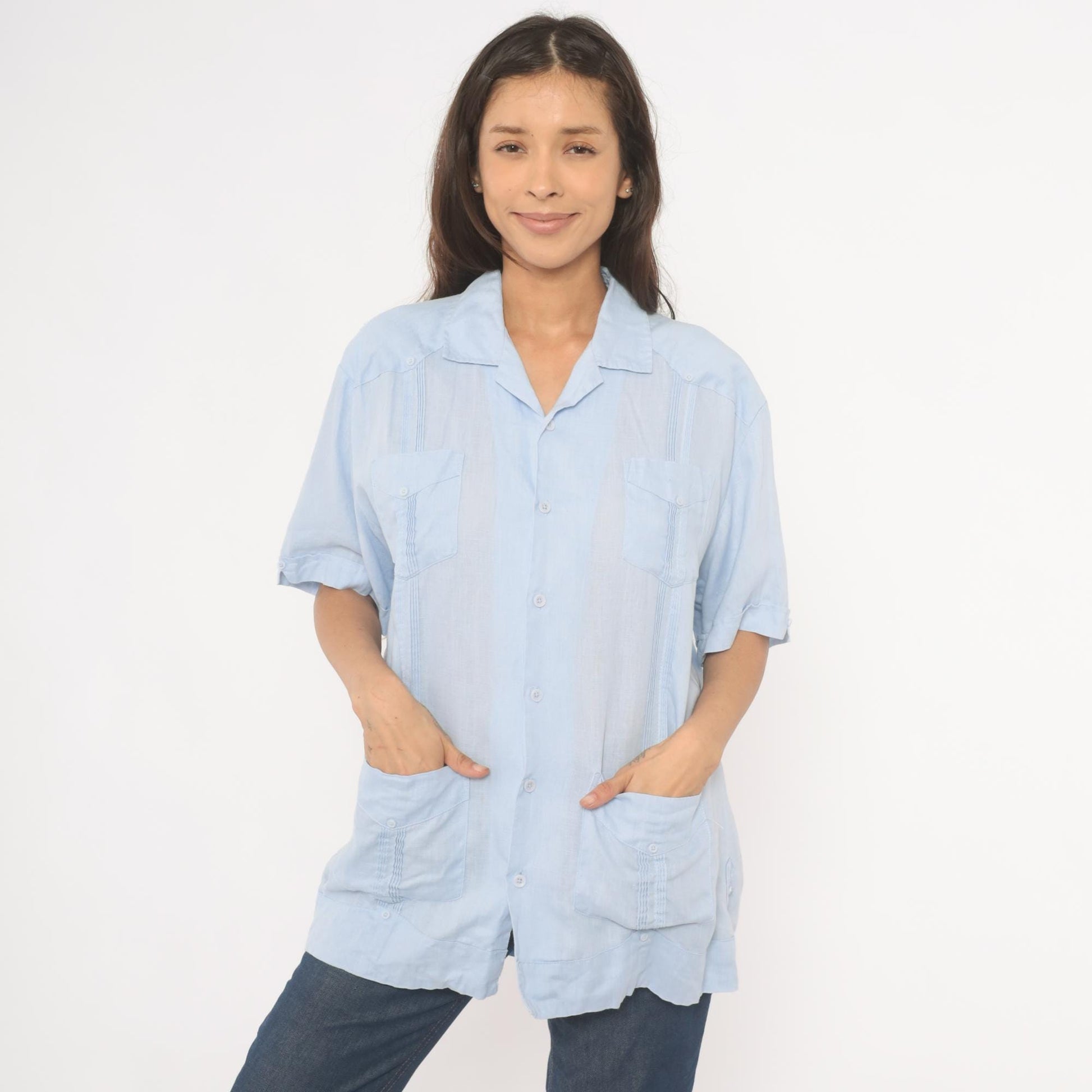 90s Cubavera Powder Blue Linen Camp Collar Shirt Medium M