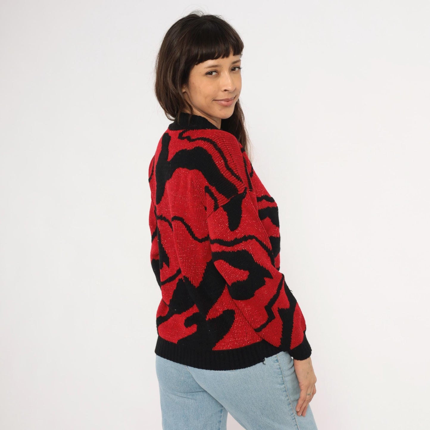 90s Rose Red Black Abstract Knit Pullover Shimmer Sweater Medium M