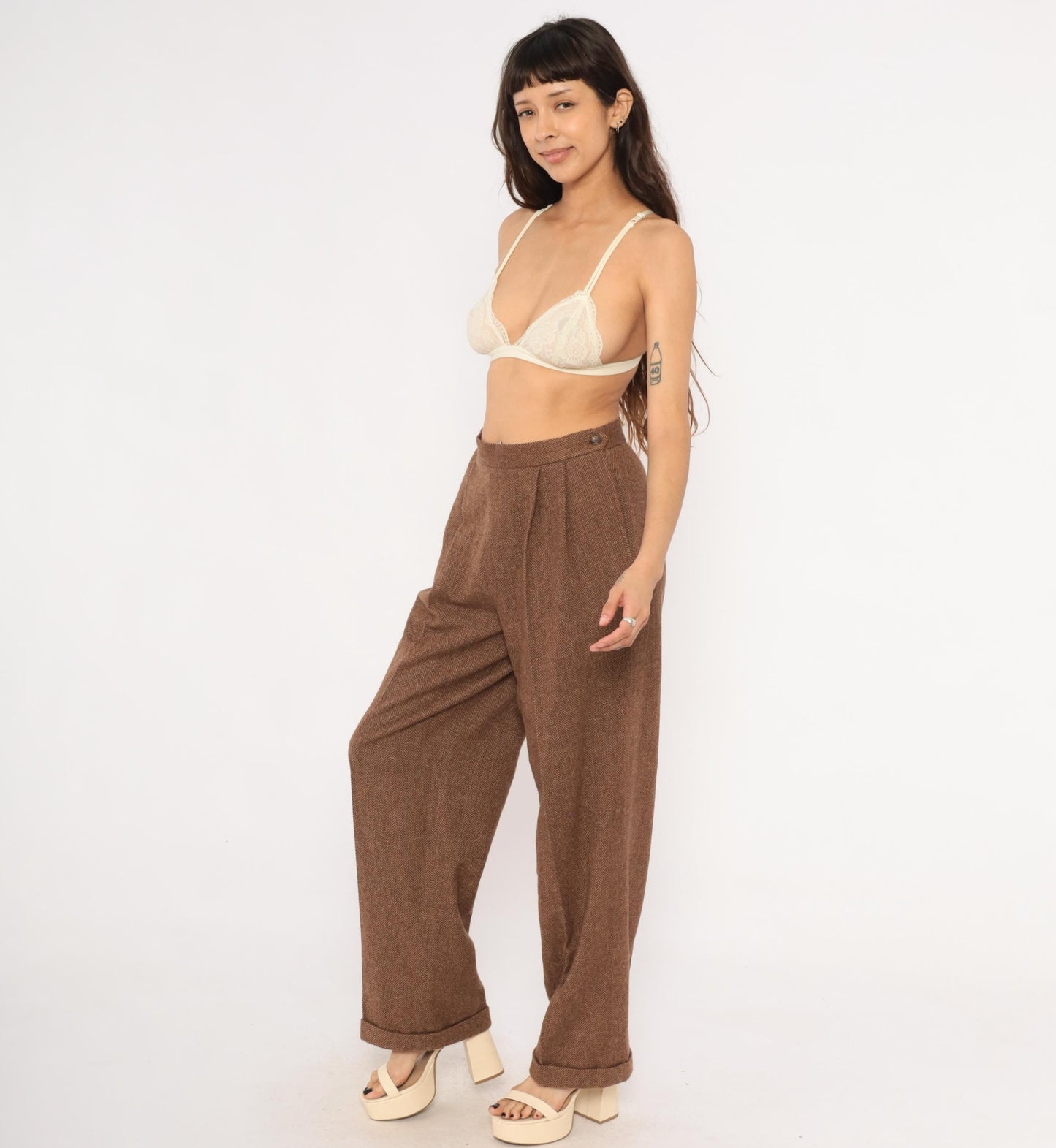 Ralph Lauren Wool Herringbone Trousers 90s Brown Pleated High Waist Large L
