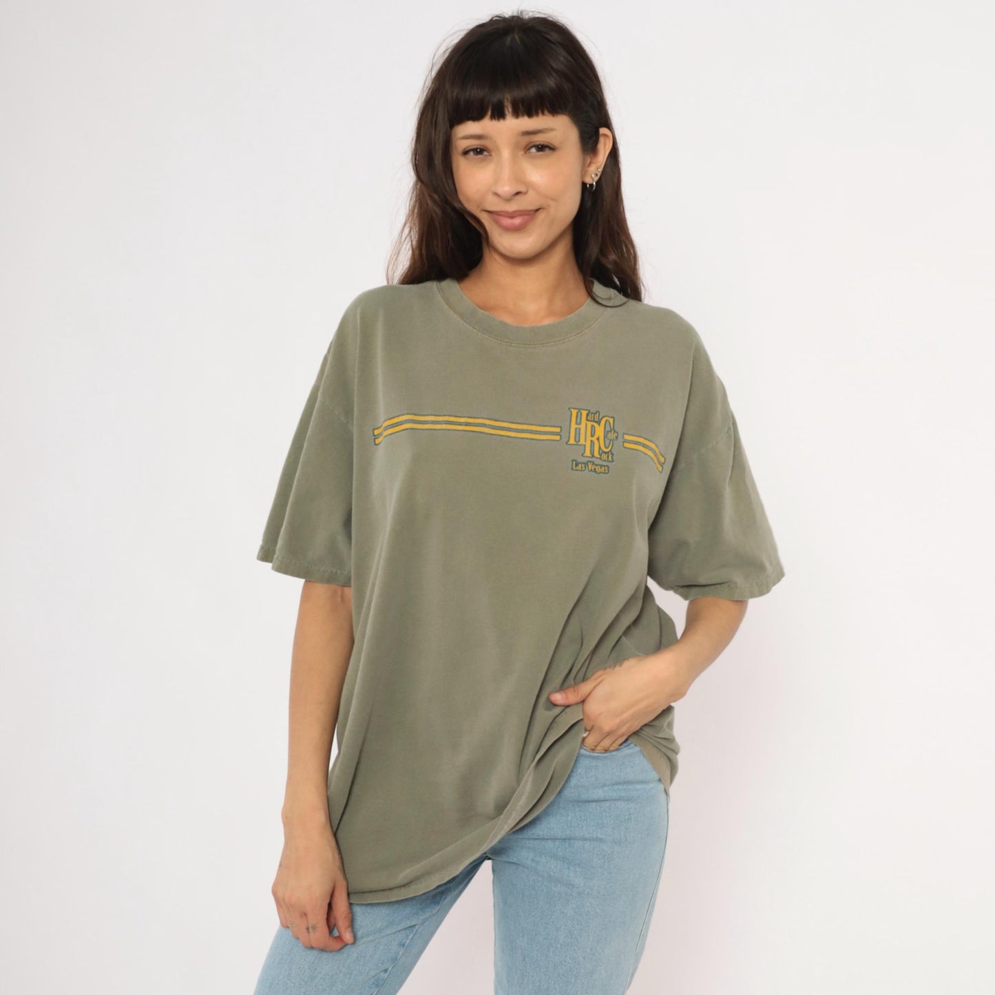 90s Hard Rock Cafe Las Vegas Olive Green Graphic Cotton Tee Extra Large XL