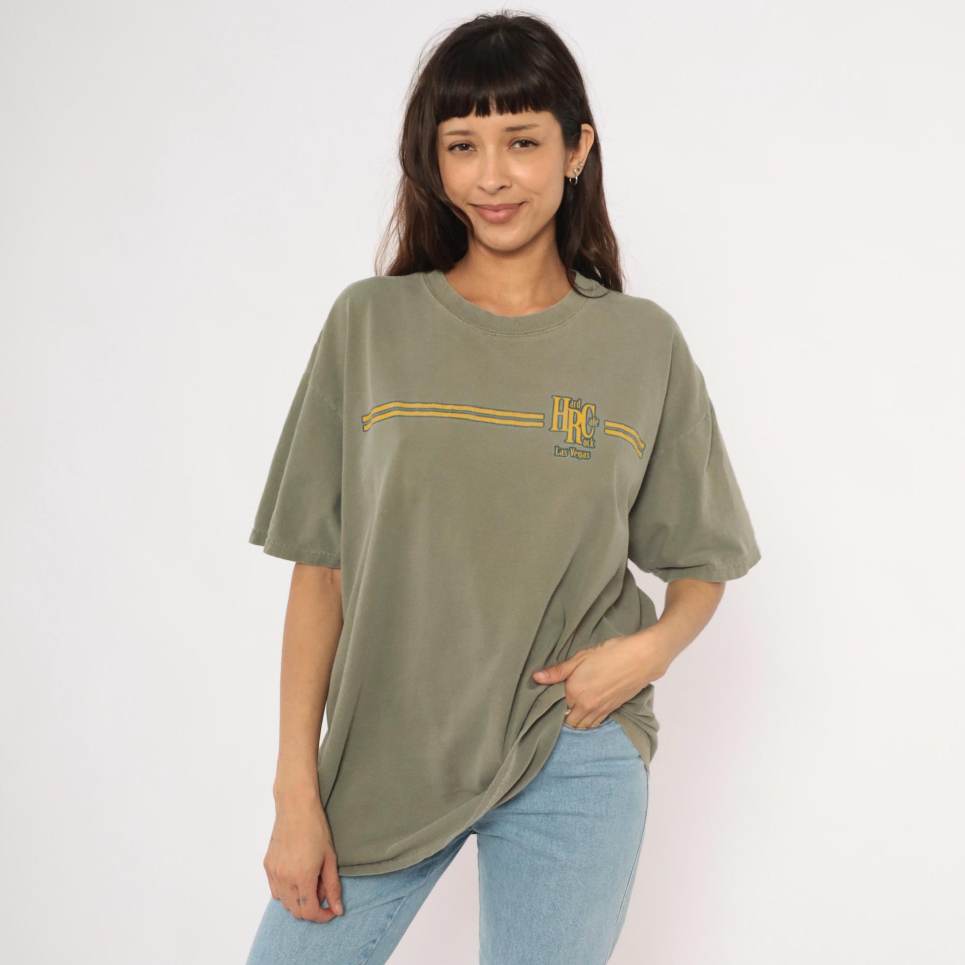 90s Hard Rock Cafe Las Vegas Olive Green Graphic Cotton Tee Extra Large XL
